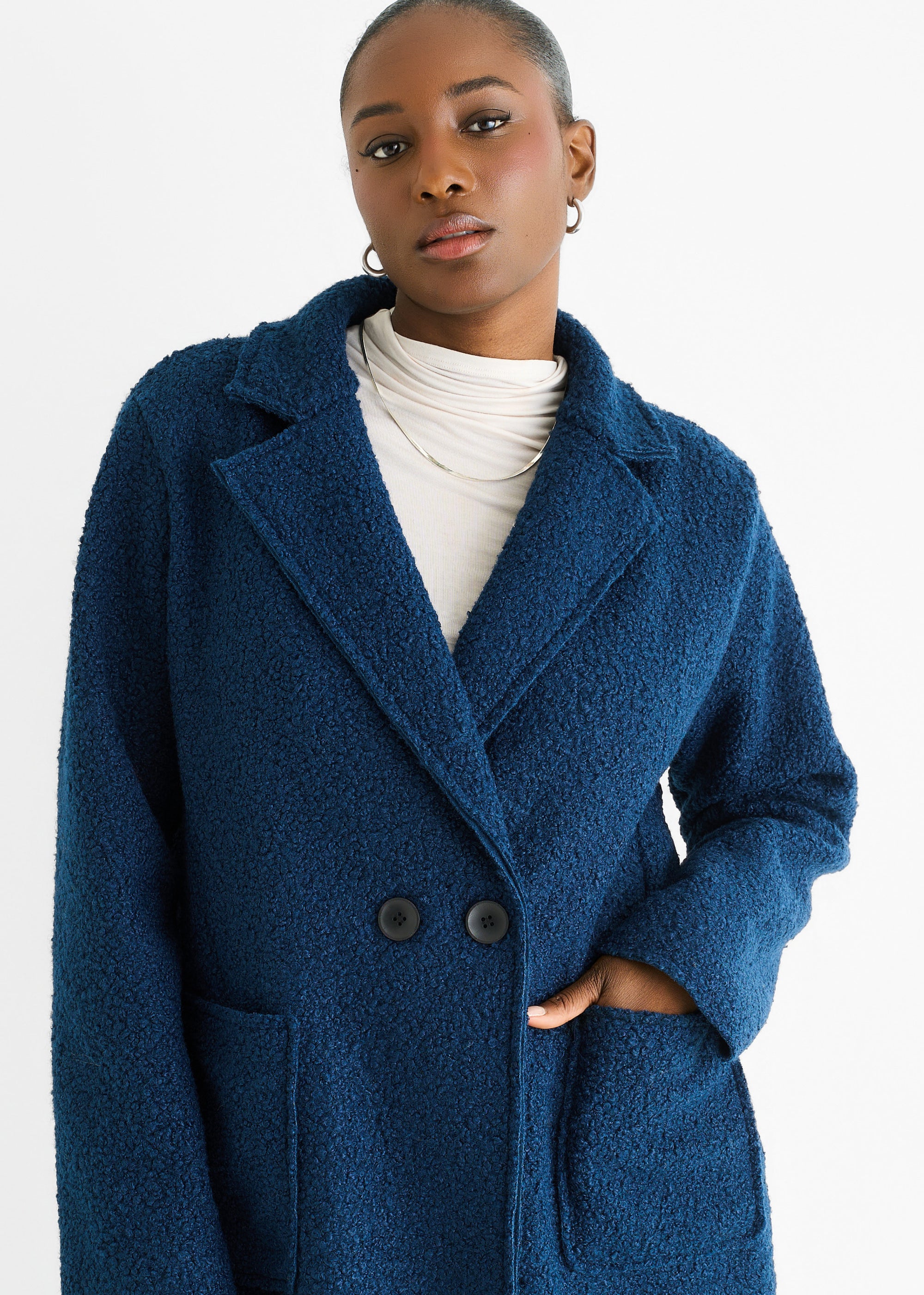 Navy Shearling Mid Length Double Breasted Jacket