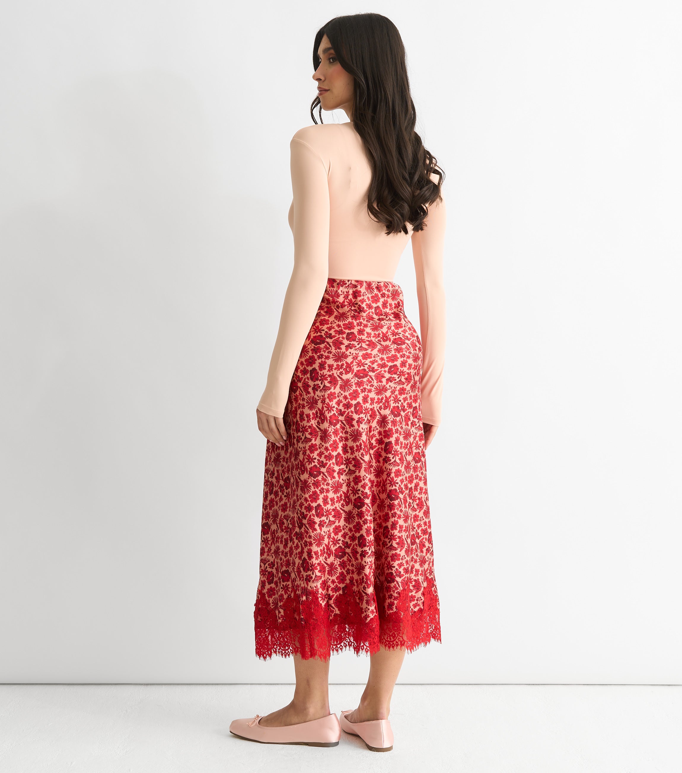 Red Floral Lace Trim Bias Midi Skirt