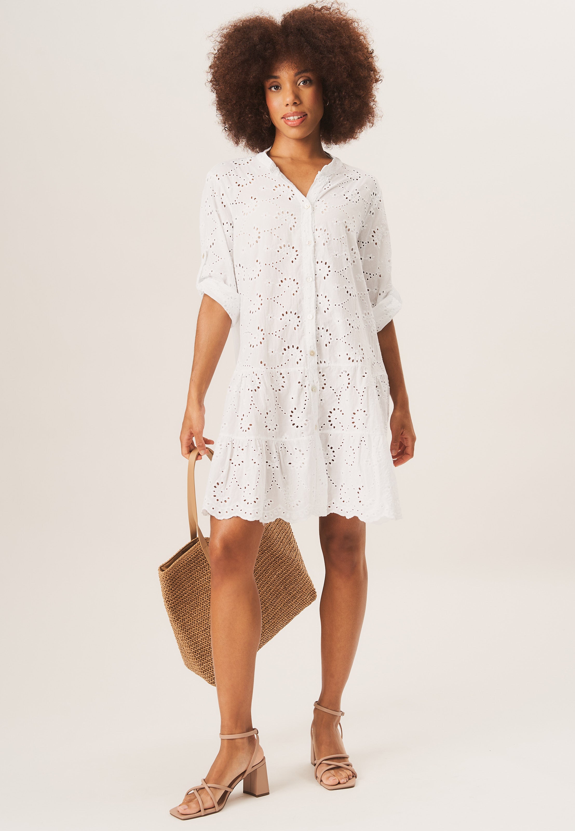 White Eyelet Mini Shirt Dress – Gini London