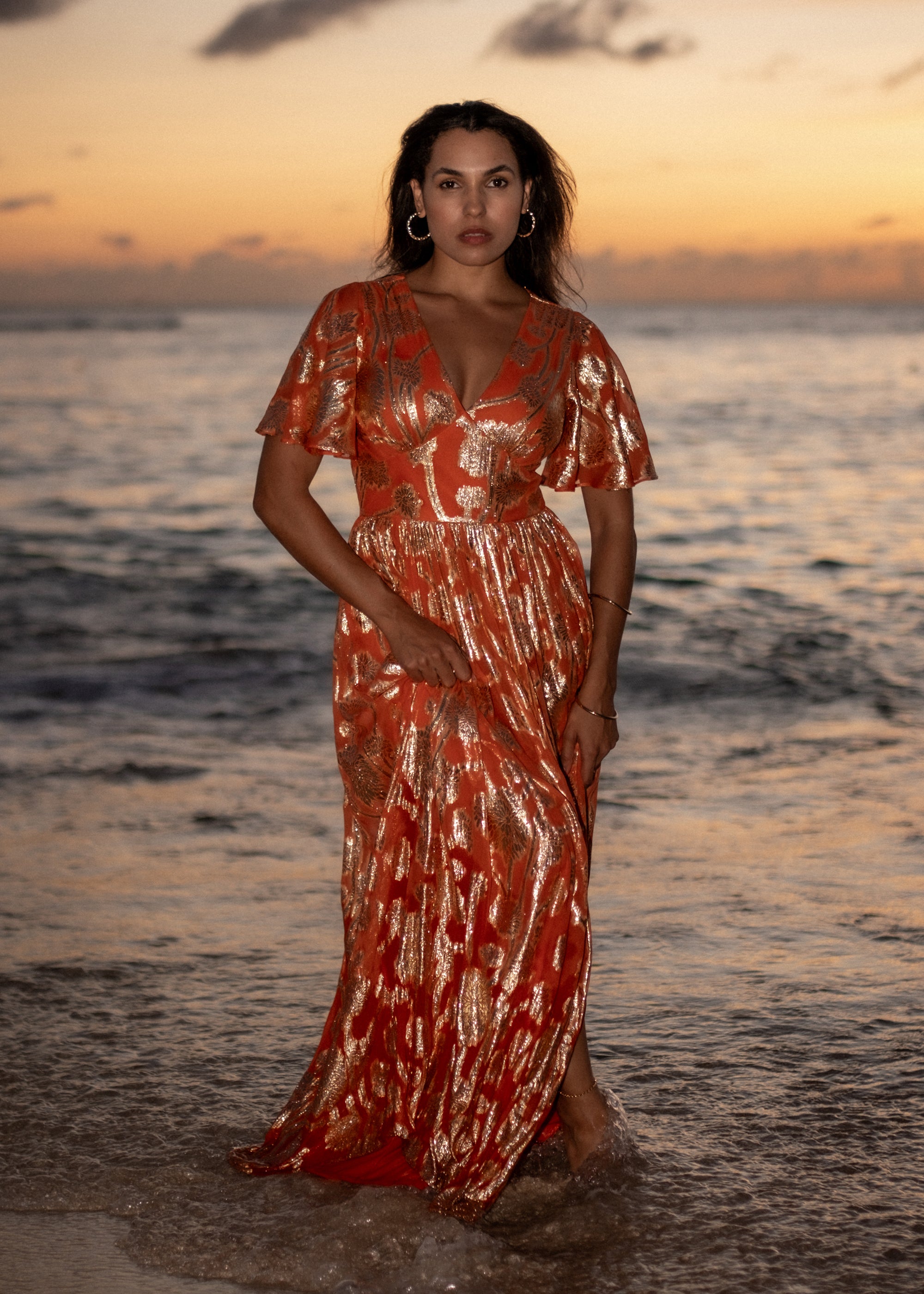 Orange Metallic Jacquard Flutter Sleeves Floral Maxi Dress