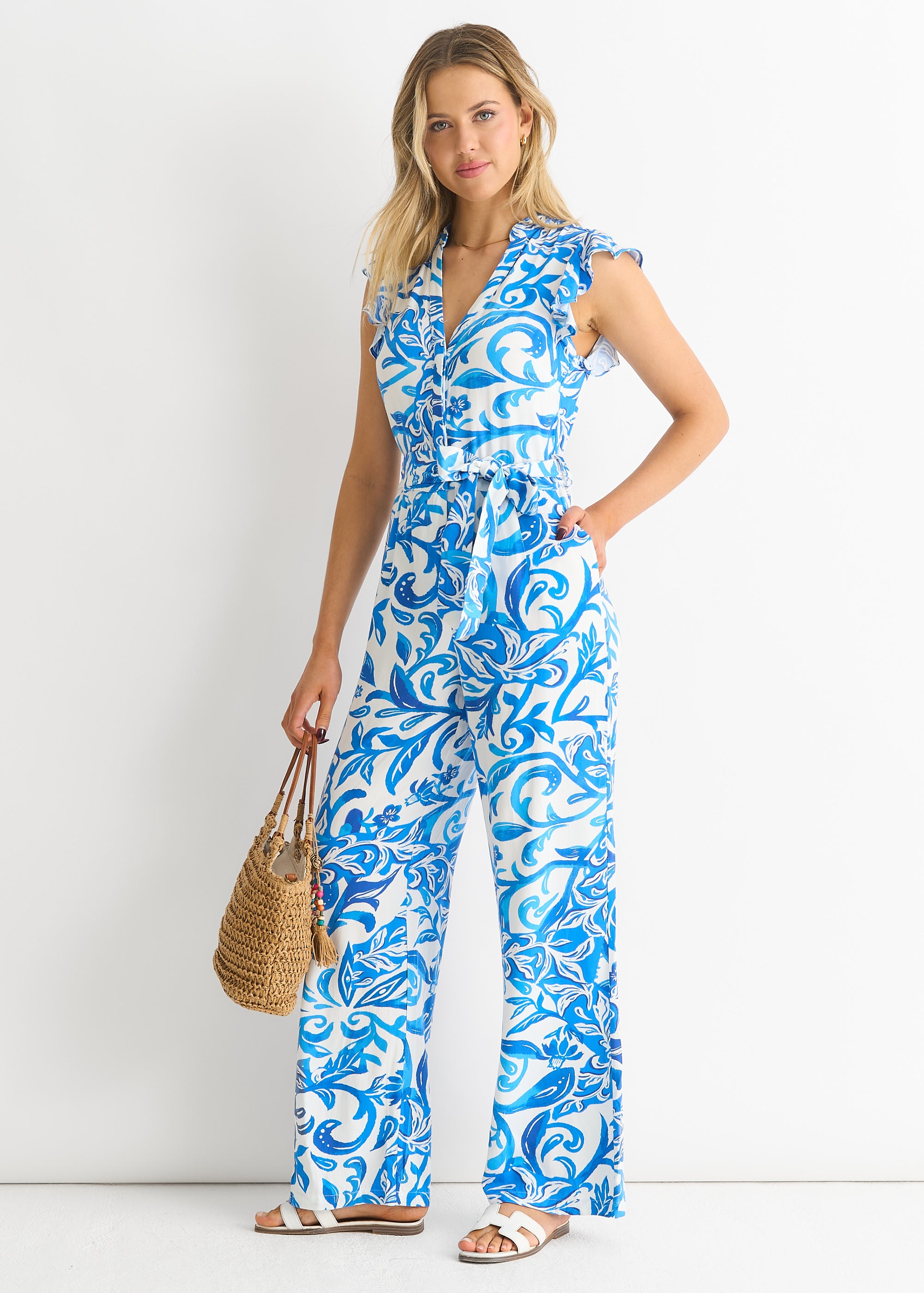 Blue Floral Ruffle Sleeeves Jumpsuit