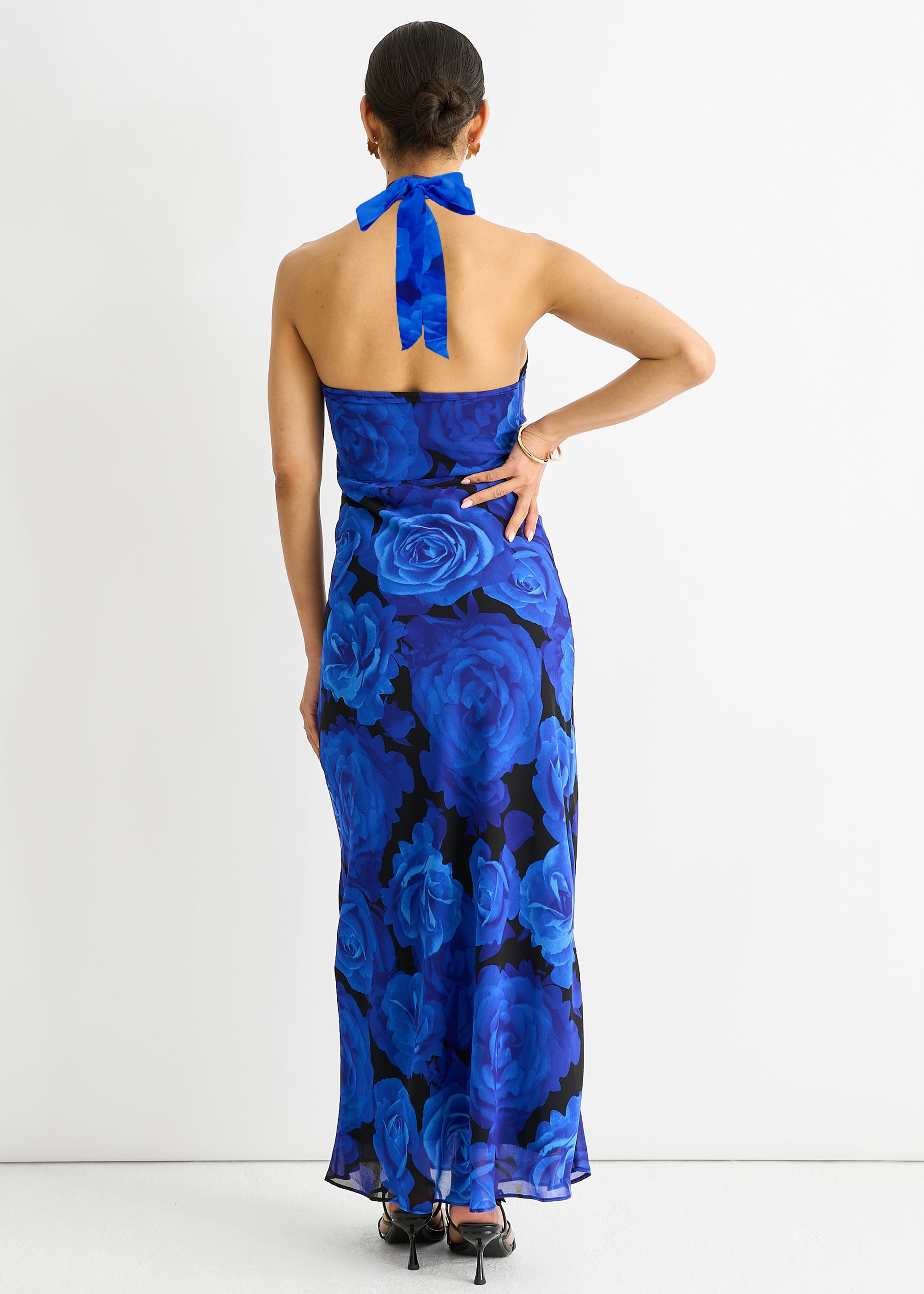 Blue Floral Occasion Halter Maxi Dress