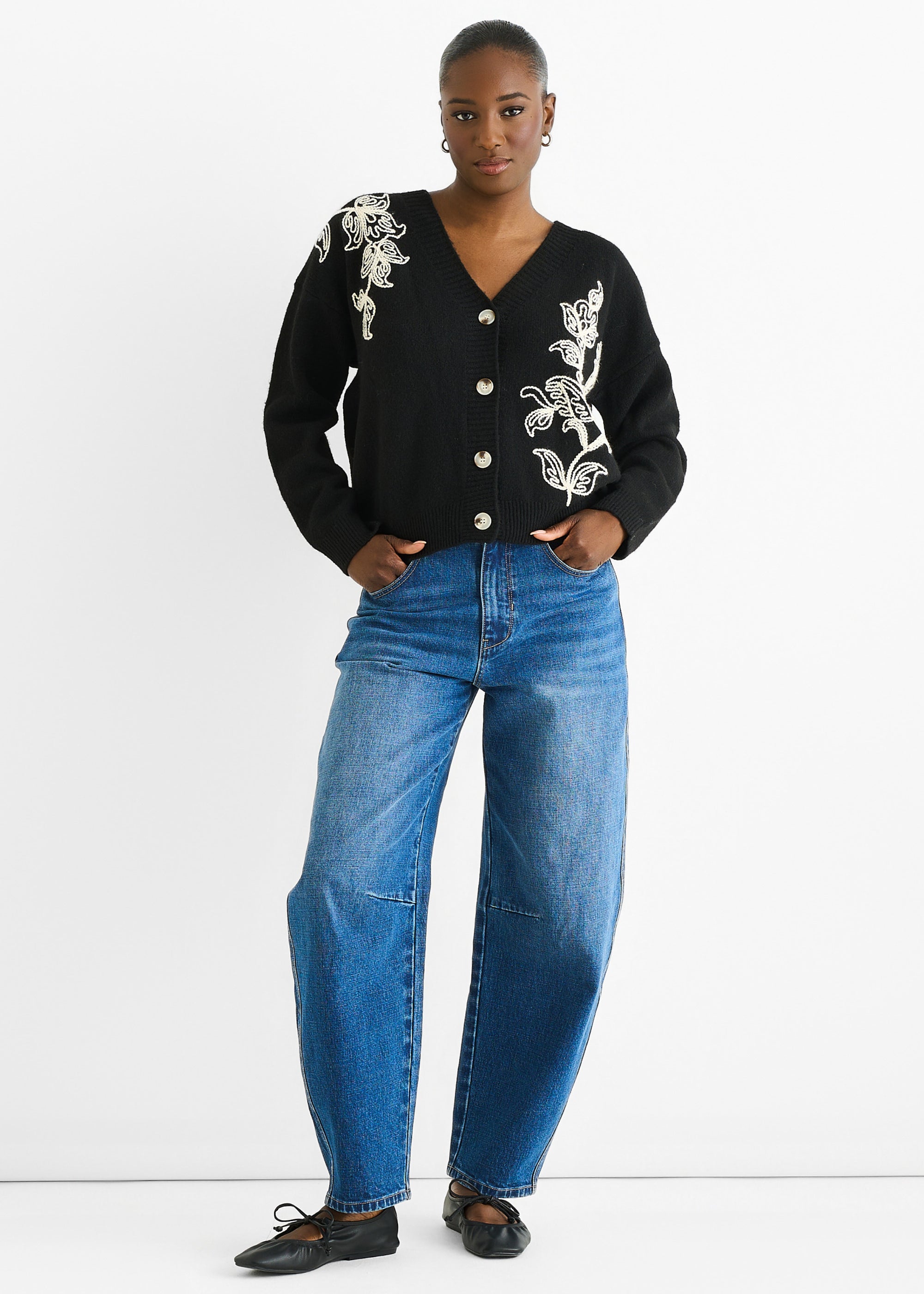 Black Floral Appliqué Wool Mix Cardigan