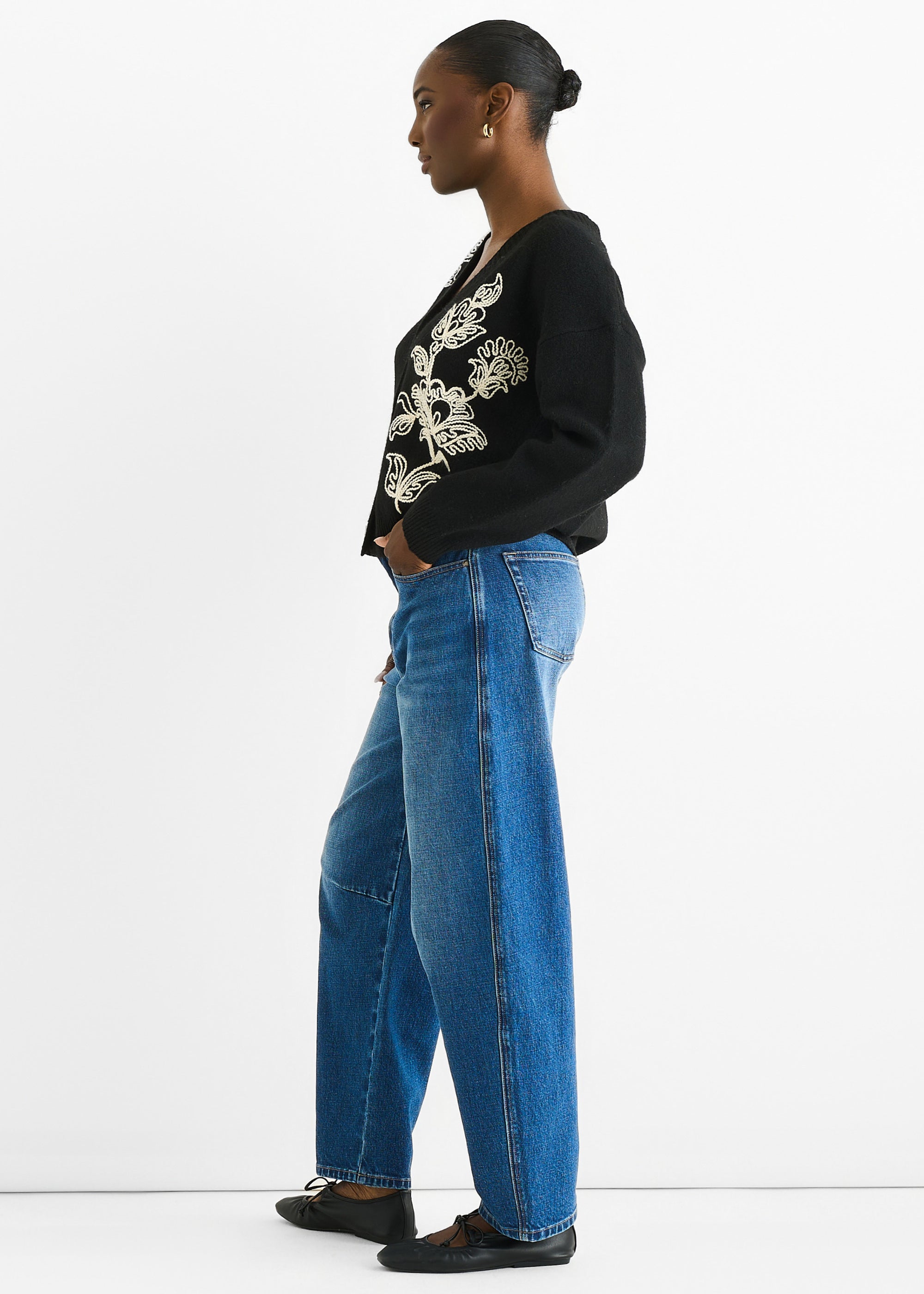 Black Floral Appliqué Wool Mix Cardigan