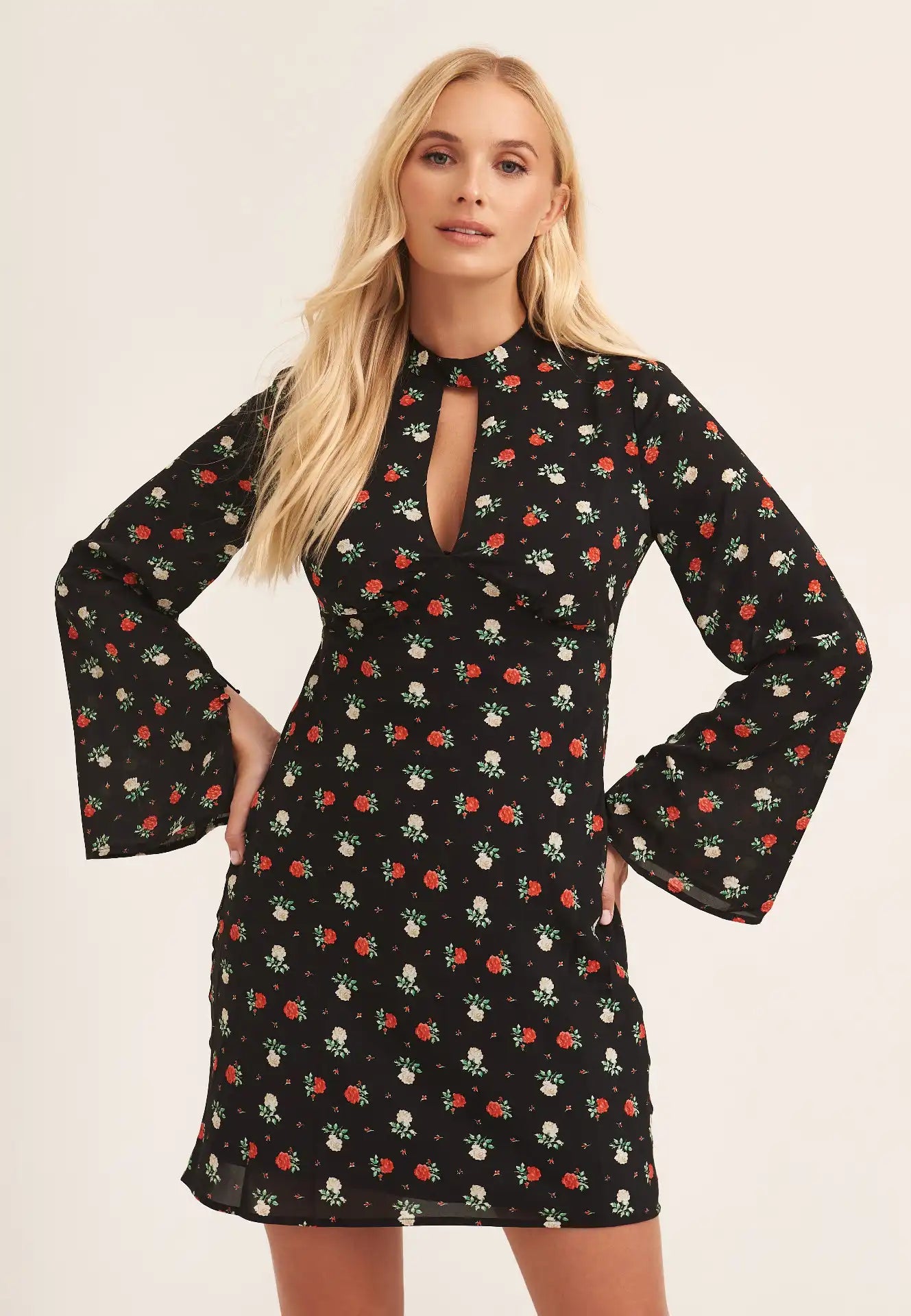 Black Rose Print Flared Sleeve Mini Dress With Cut Out