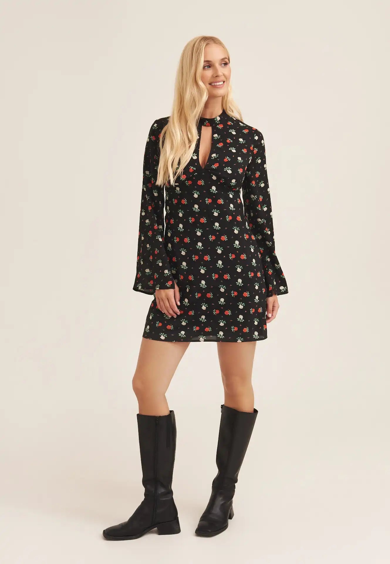 Black Rose Print Flared Sleeve Mini Dress With Cut Out
