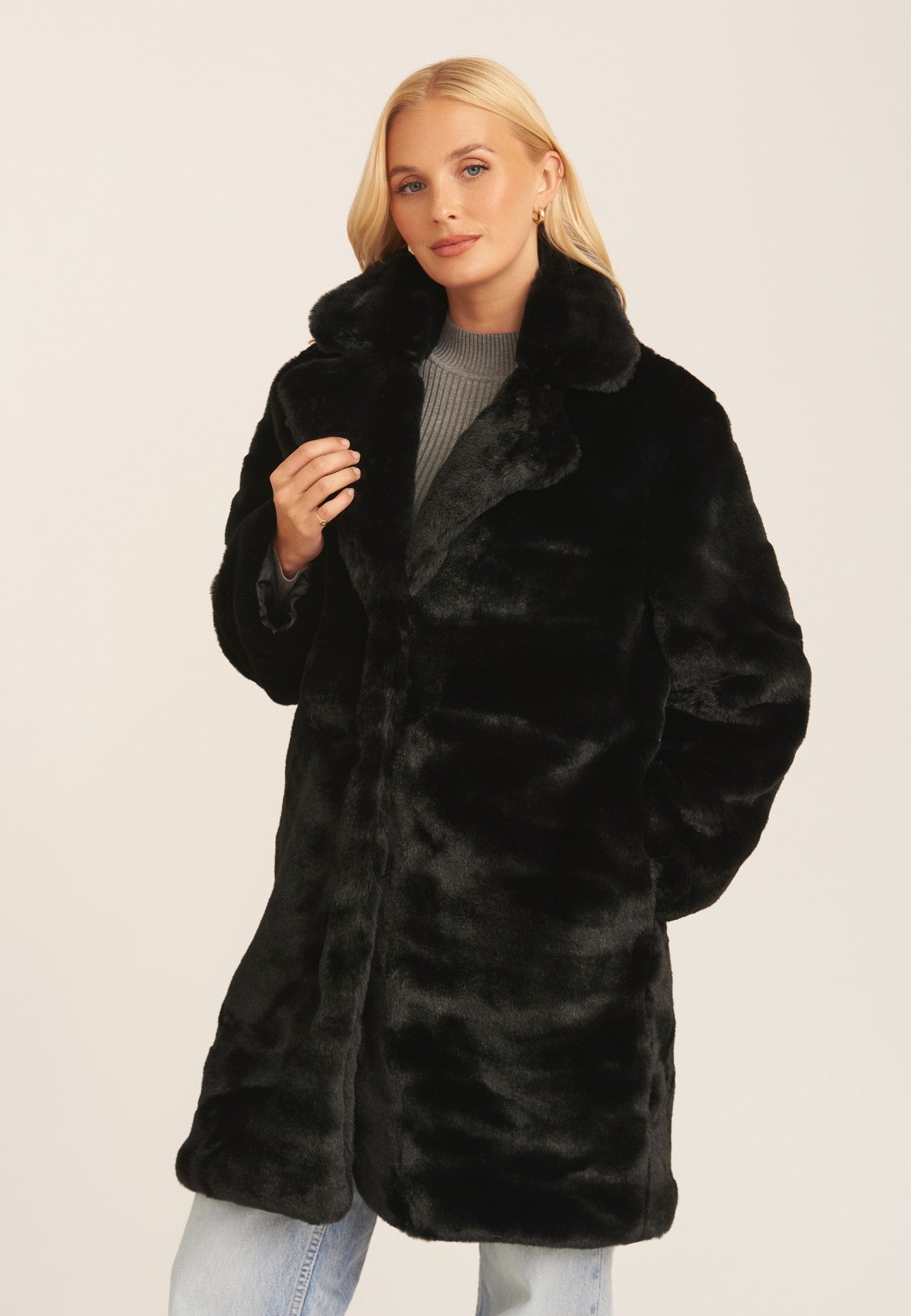 Black Faux Fur Lapel Collar Longline Coat