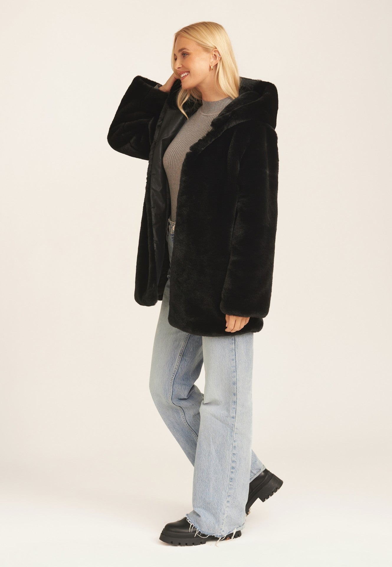 Black Hooded Long Sleeve Faux Fur Jacket
