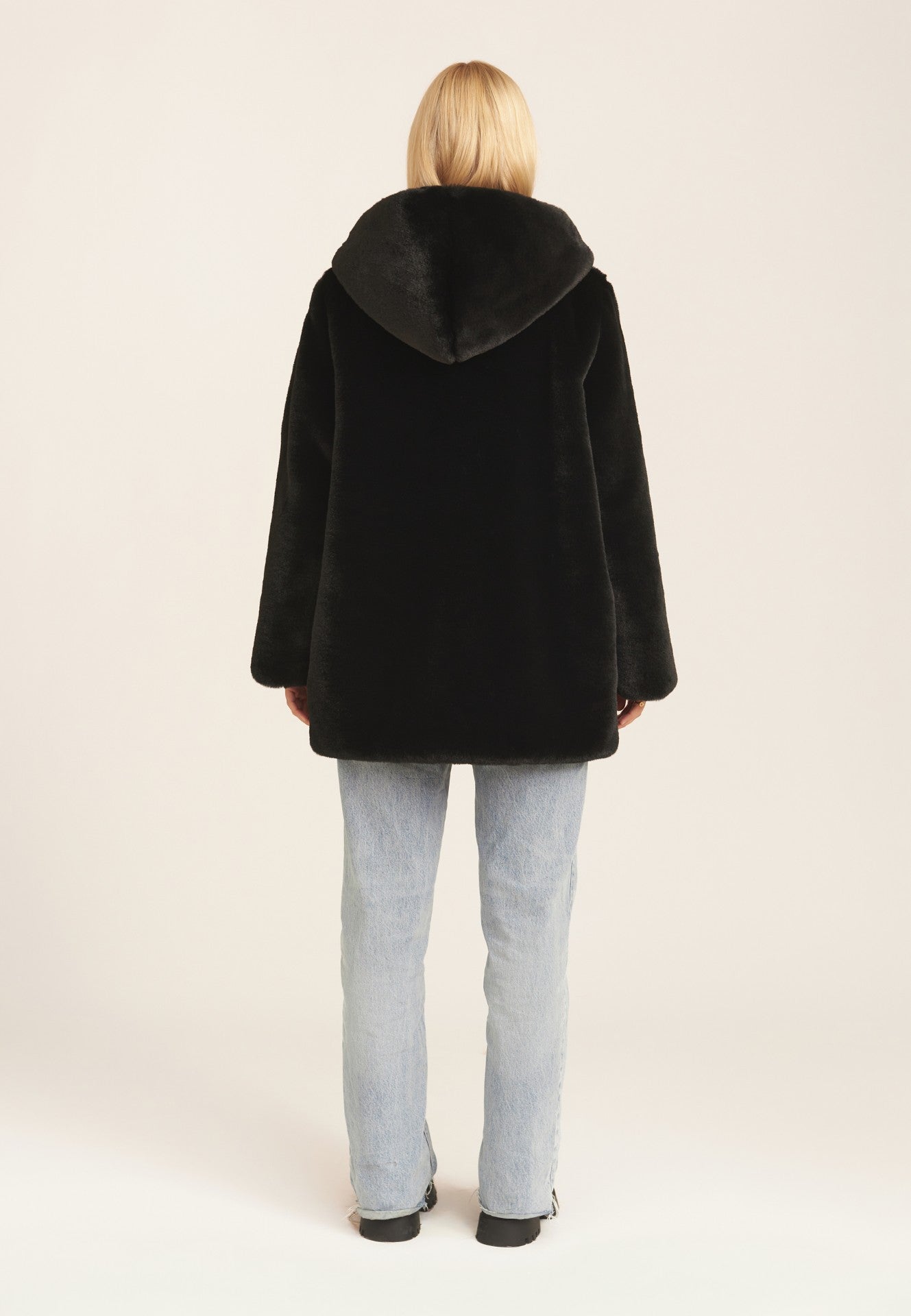 Black Hooded Long Sleeve Faux Fur Jacket