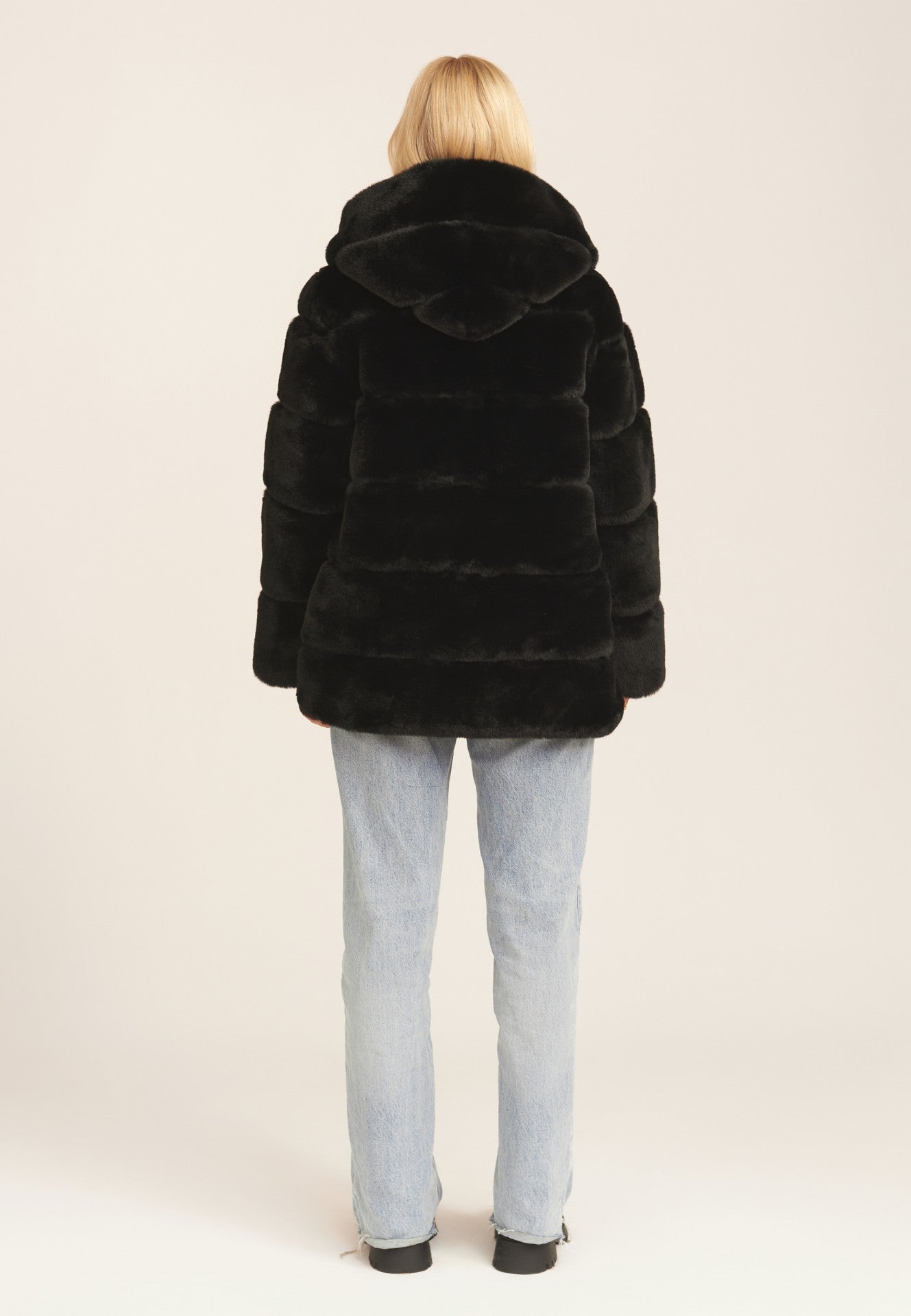 Black Horizontal Cut Fur Hooded Jacket