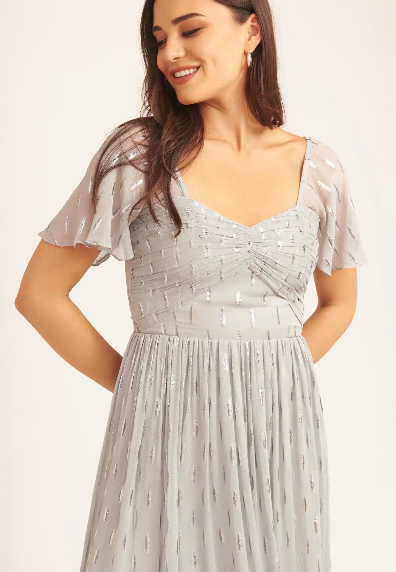Silver Jacquard Metallic Angel Sleeves Midi Dress