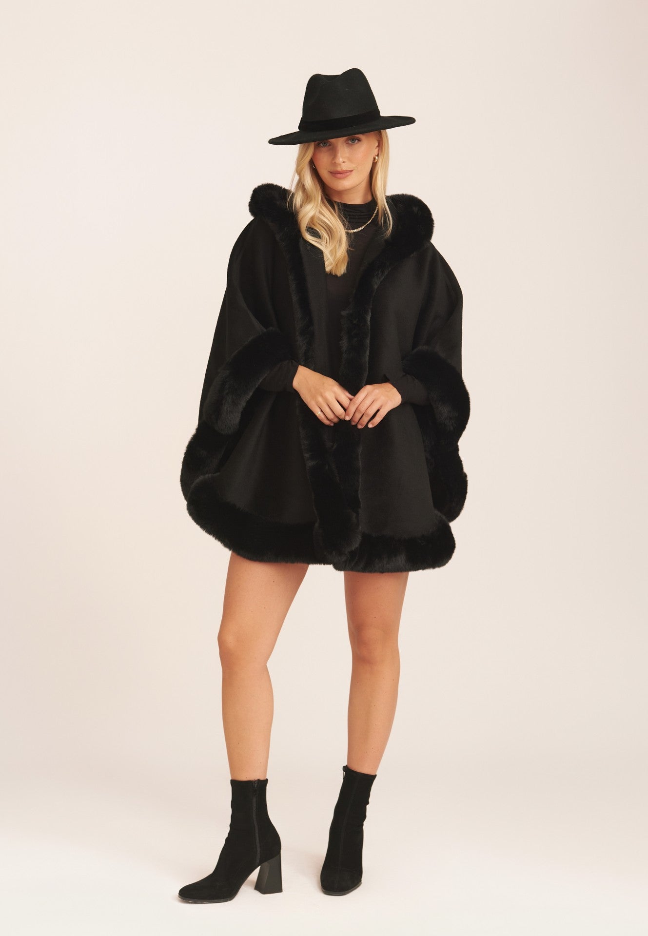 Black Soft Fur Trim Hooded Oversized Cape