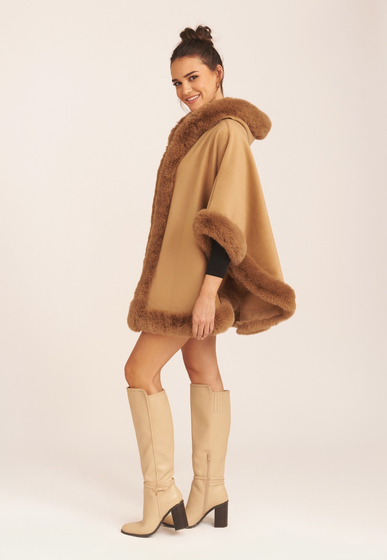 Camel Soft Fur Trim Hooded Oversized Cape