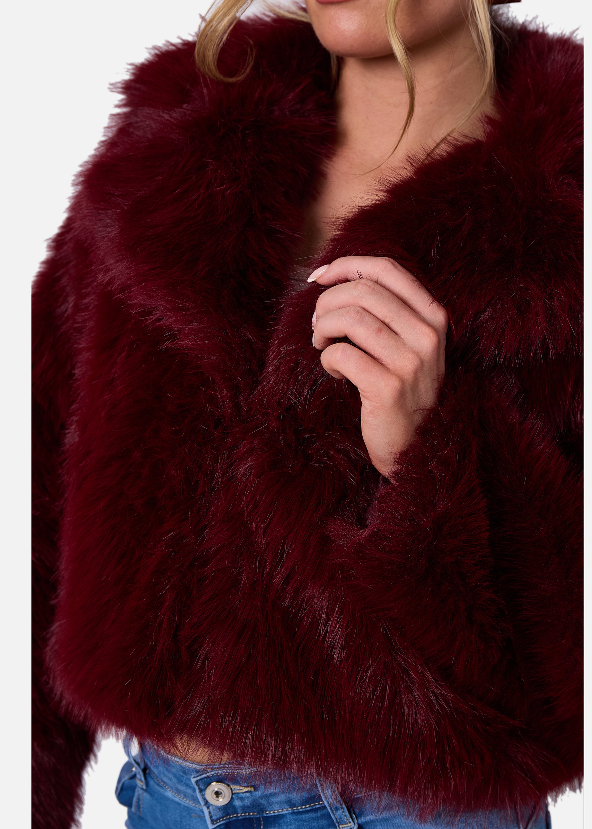 Burgundy Faux Fur Collar Detail Crop Jacket