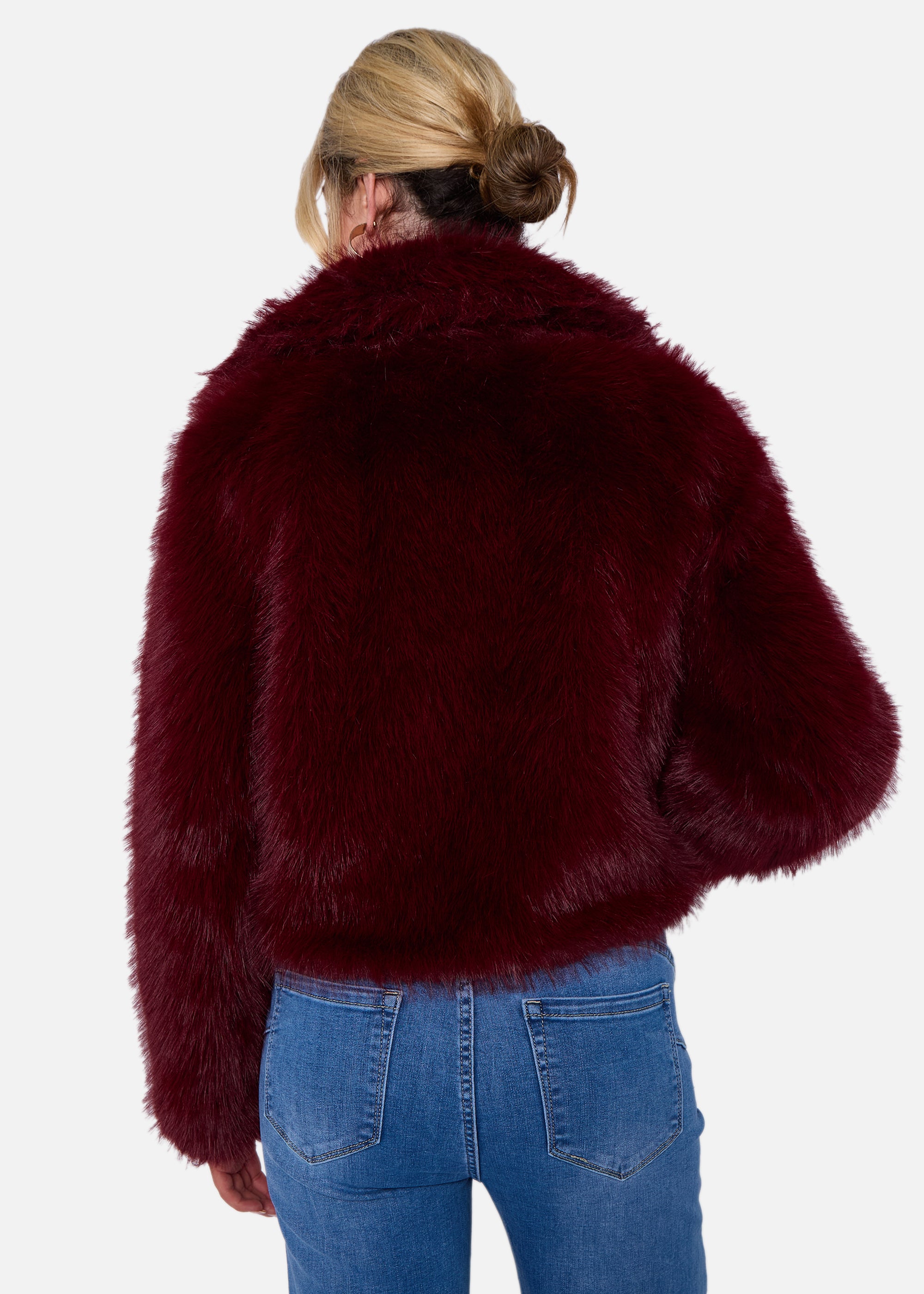 Burgundy Faux Fur Collar Detail Crop Jacket