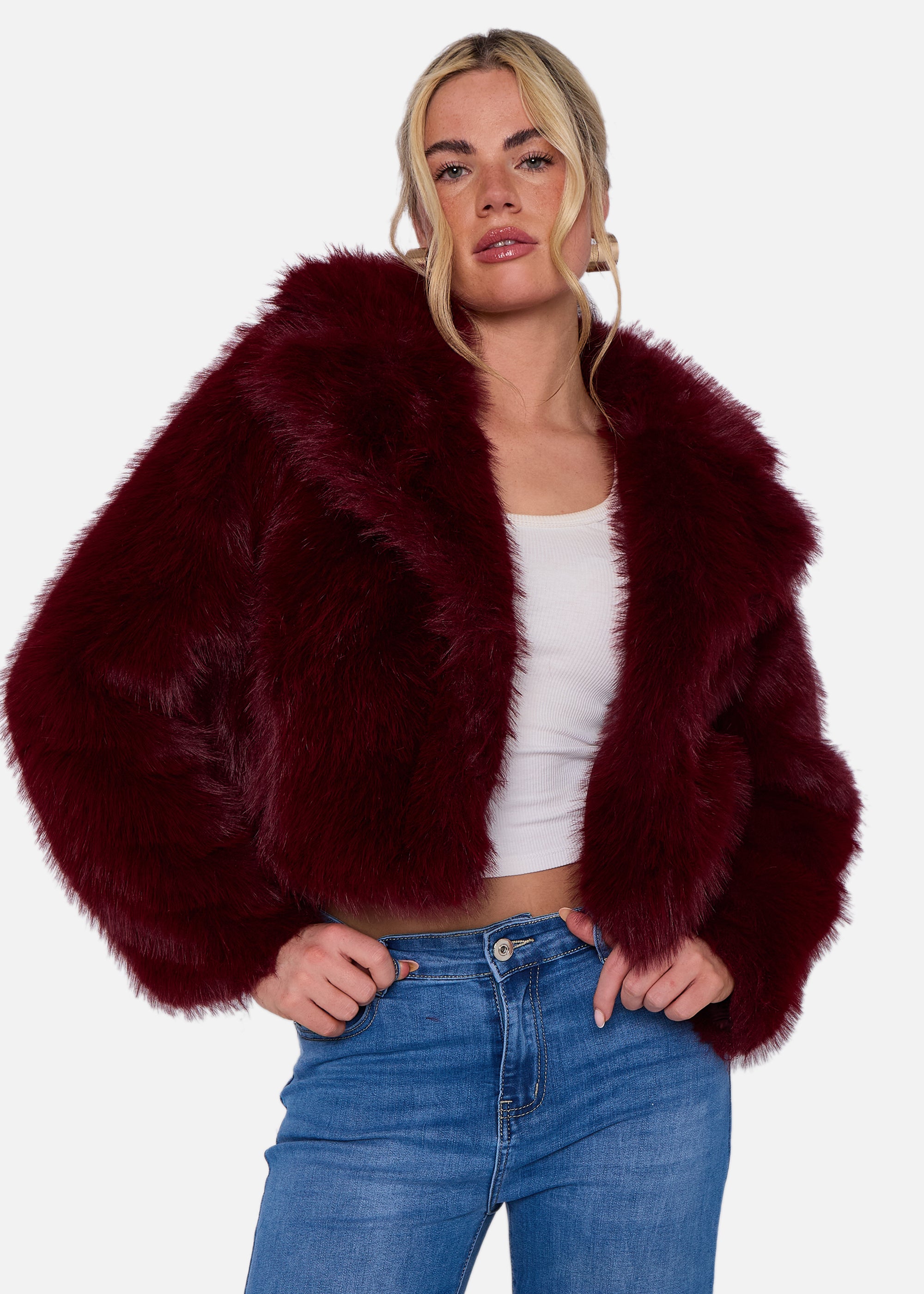 Burgundy Faux Fur Collar Detail Crop Jacket