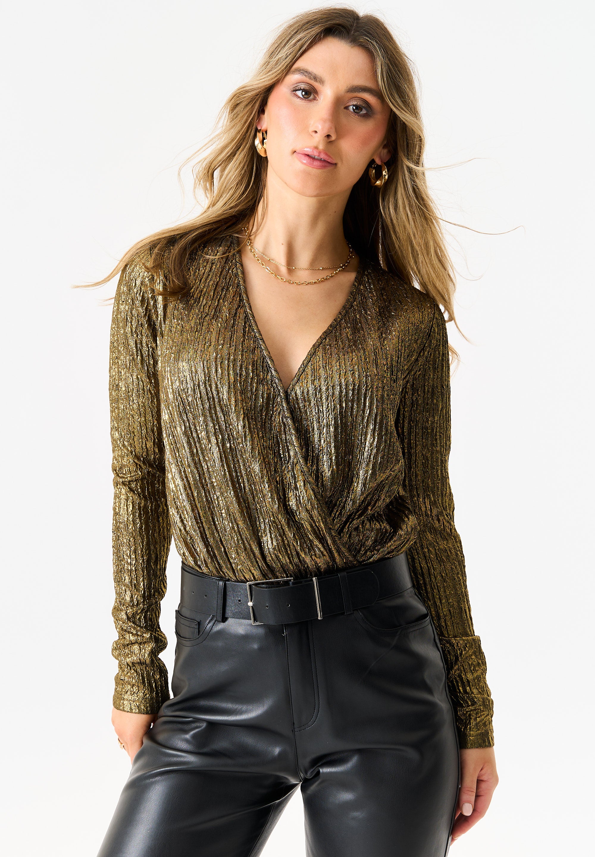 Golden Metallic Plisse Wrap Front Bodysuit