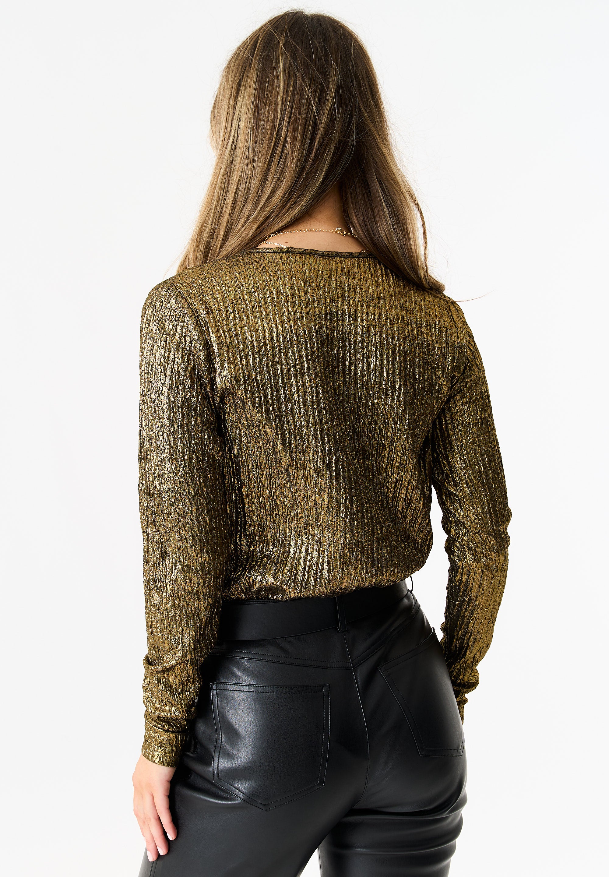 Golden Metallic Plisse Wrap Front Bodysuit