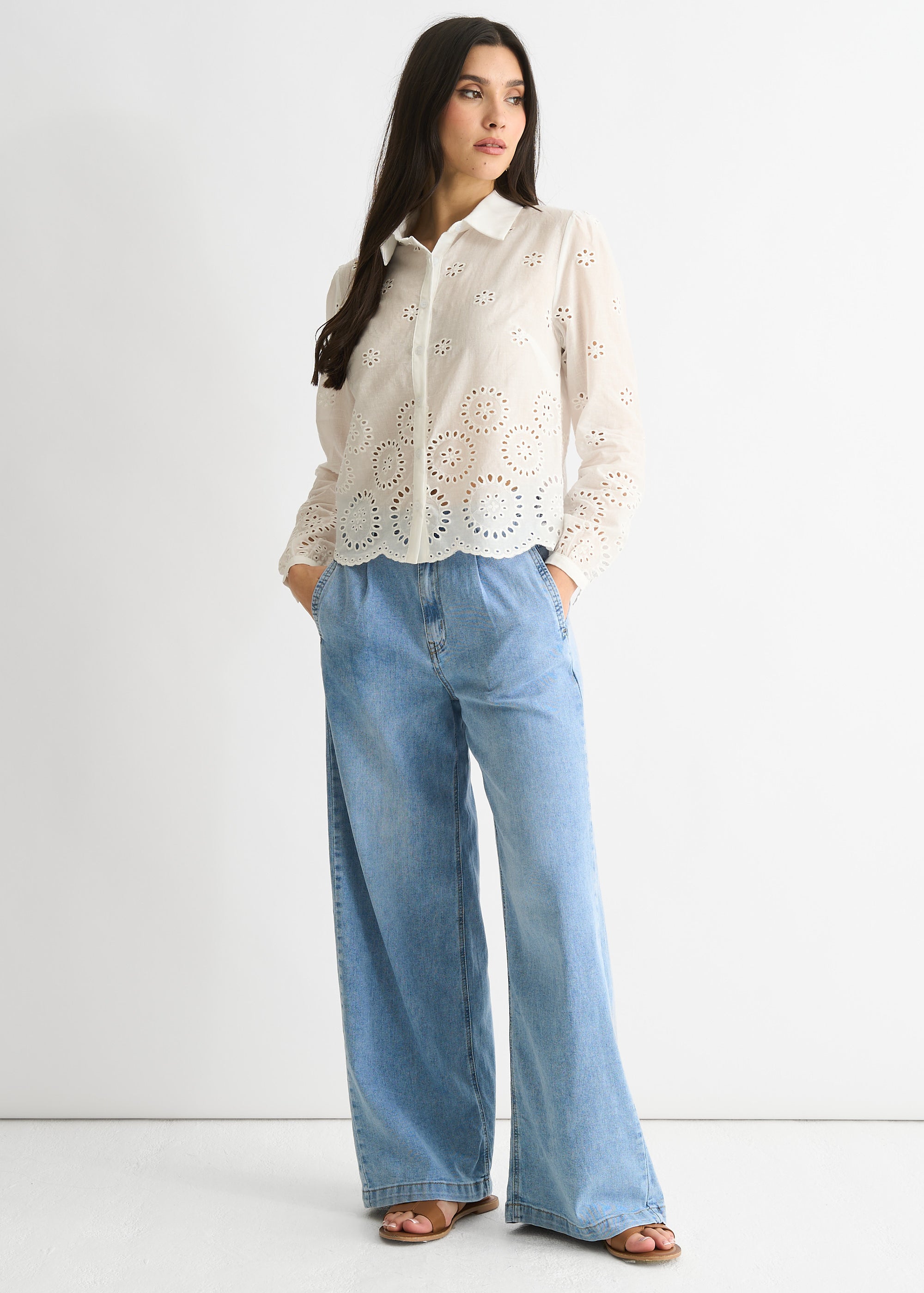 White Cotton Broderie Scallop Boxy Shirt