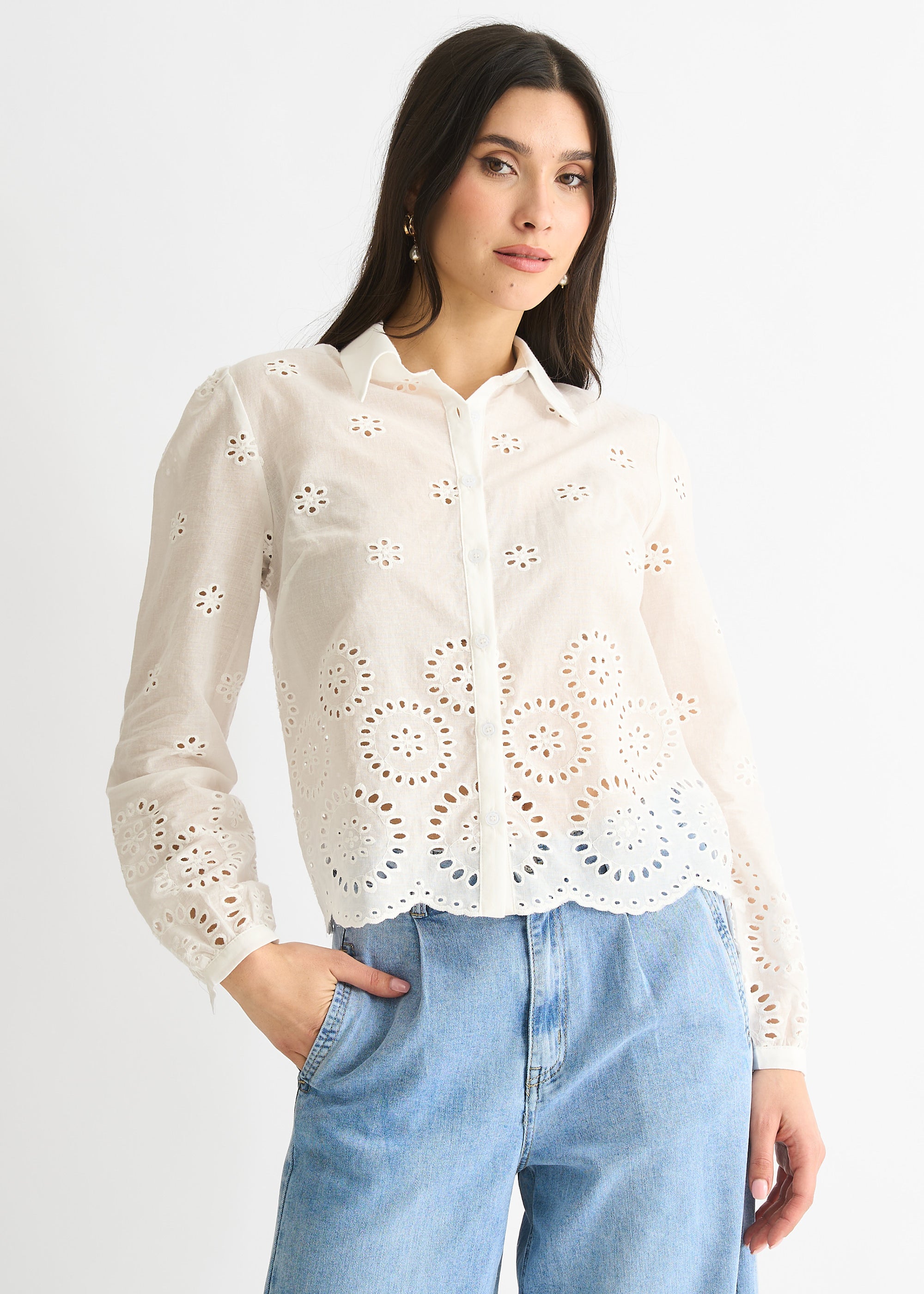 White Cotton Broderie Scallop Boxy Shirt