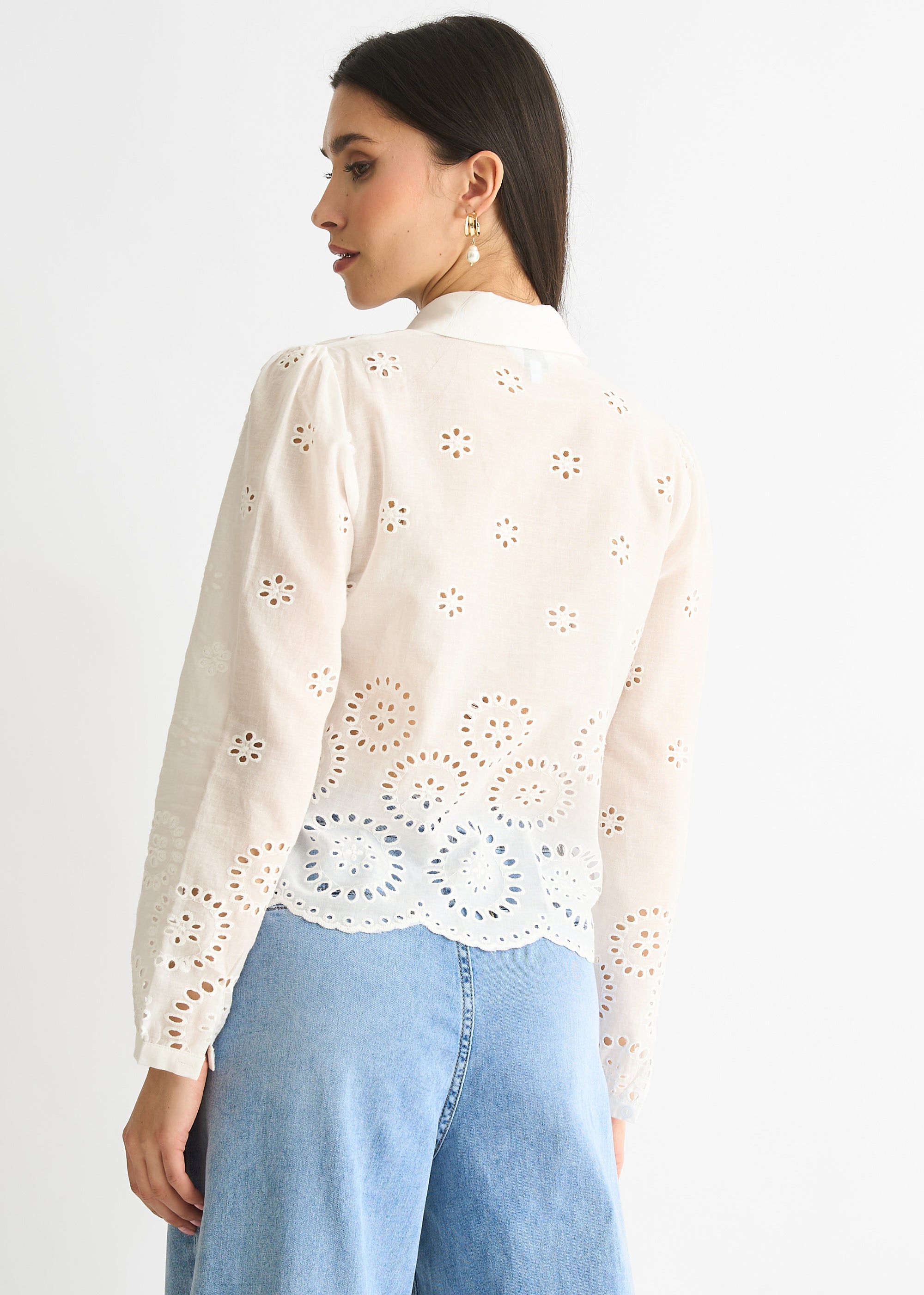 White Cotton Broderie Scallop Boxy Shirt