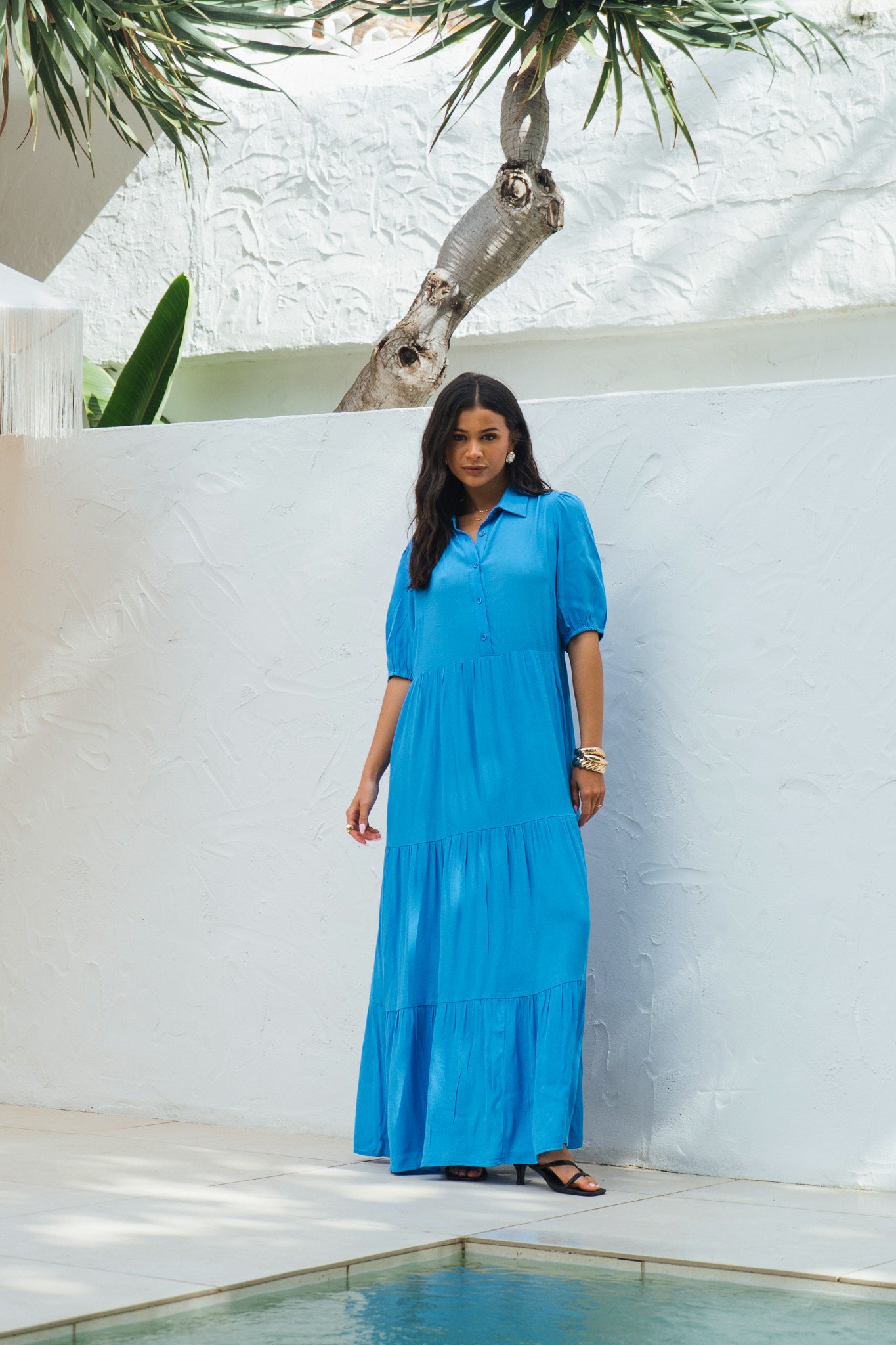 Blue Button Through Skater Maxi Dress