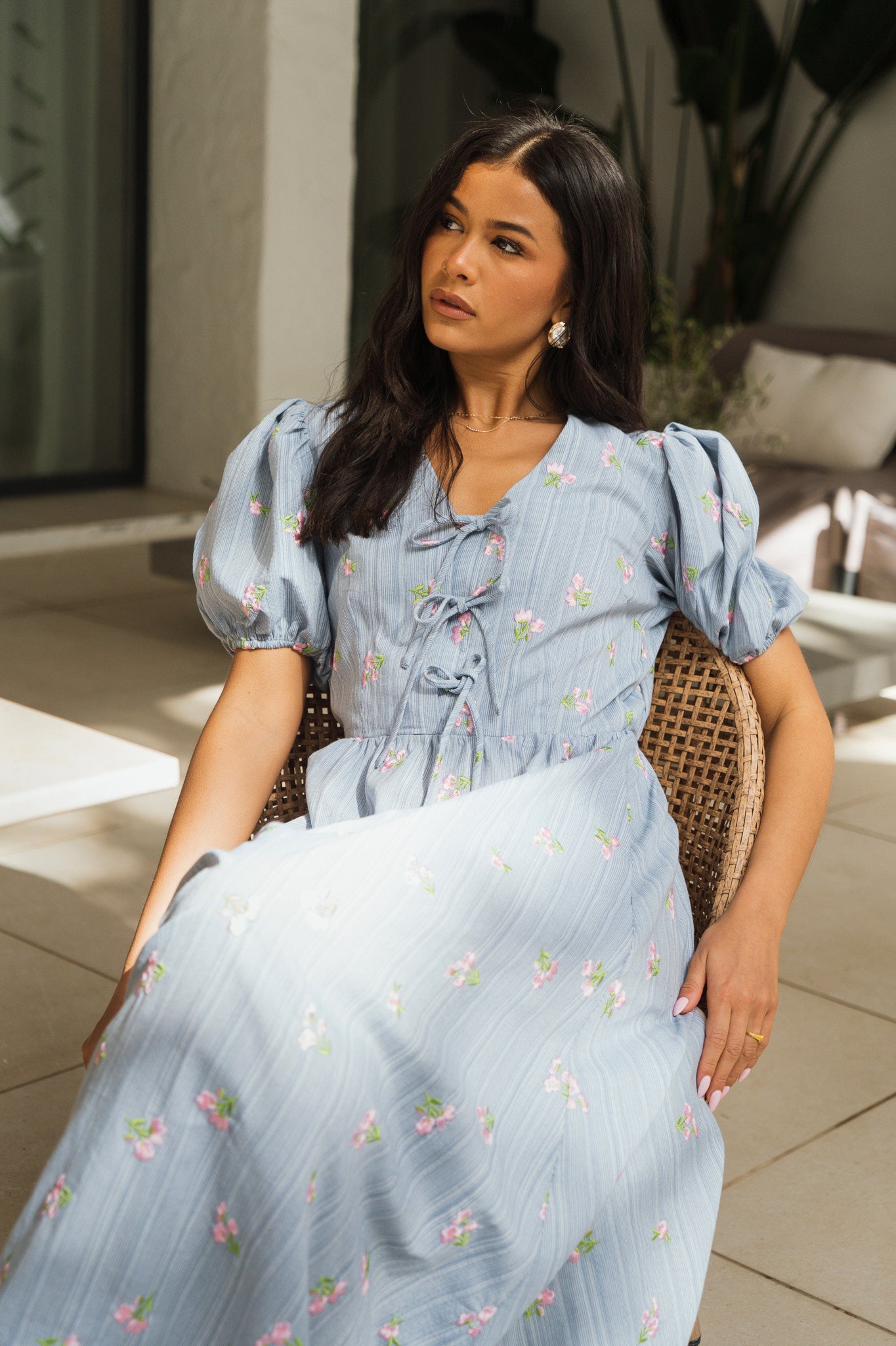 Blue Cotton Mix Tie Detail Puff Sleeves Midi Dress