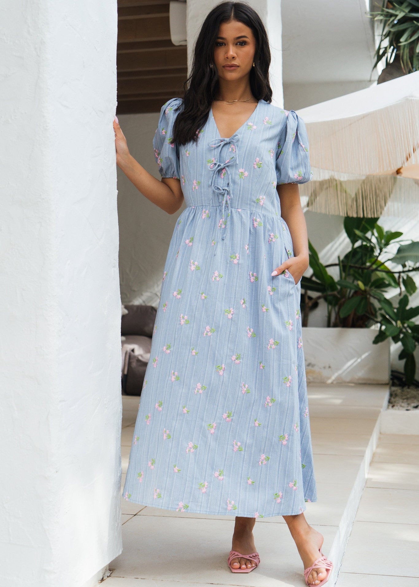 Blue Cotton Mix Tie Detail Puff Sleeves Midi Dress