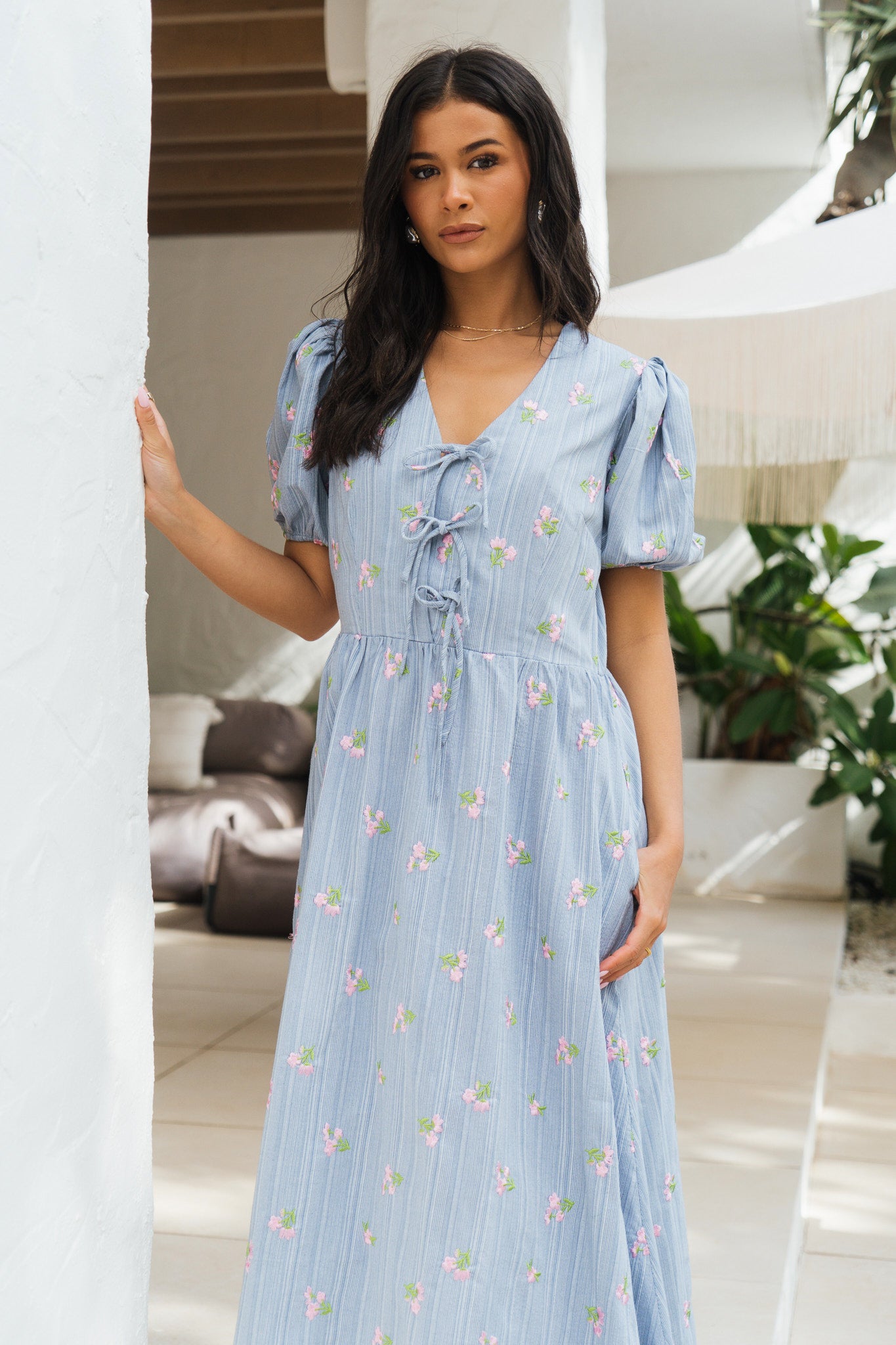 Blue Cotton Mix Tie Detail Puff Sleeves Midi Dress