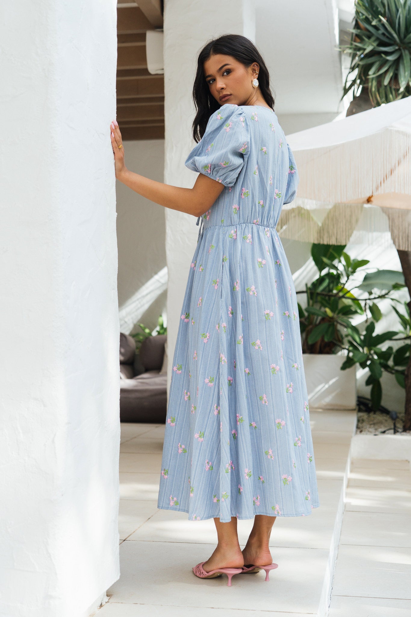 Blue Cotton Mix Tie Detail Puff Sleeves Midi Dress