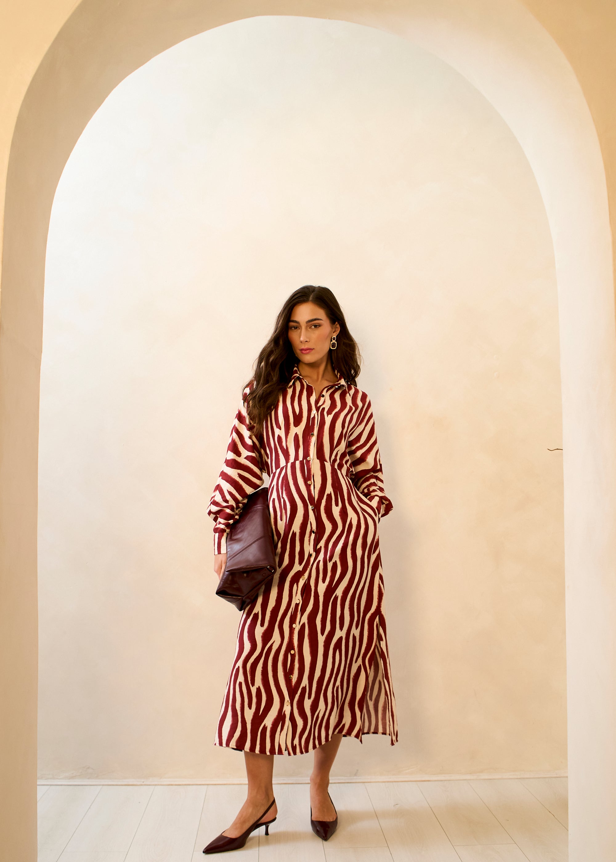 Burgundy Zebra Print Batwing Sleeve Shirt Dress