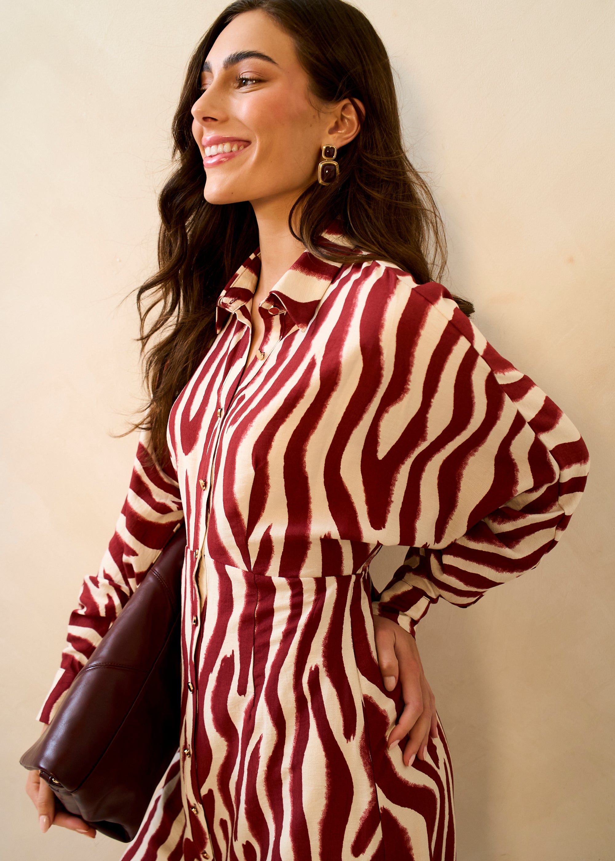 Burgundy Zebra Print Batwing Sleeve Shirt Dress