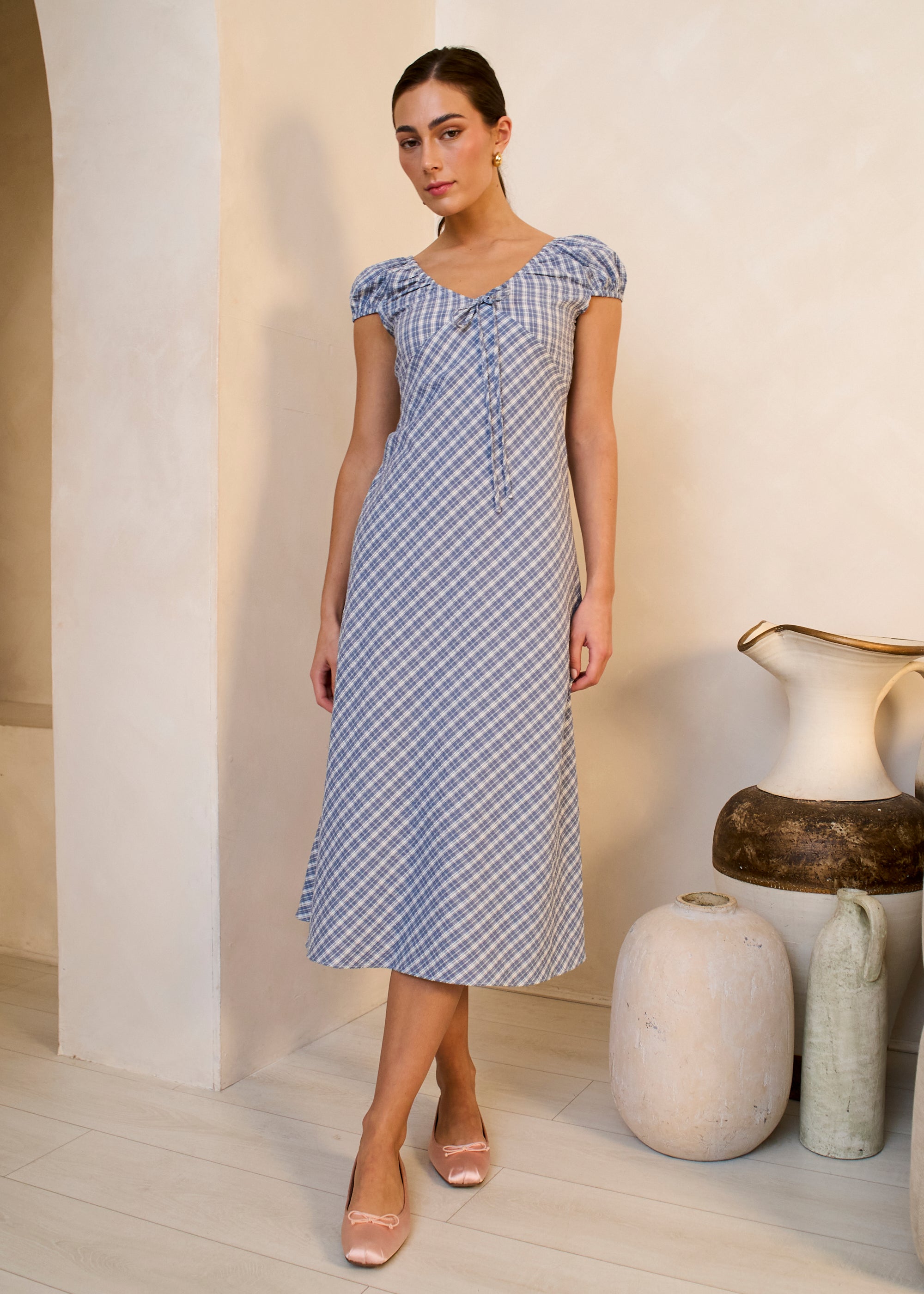 Blue V Neck Textured Gingham Midi Dress