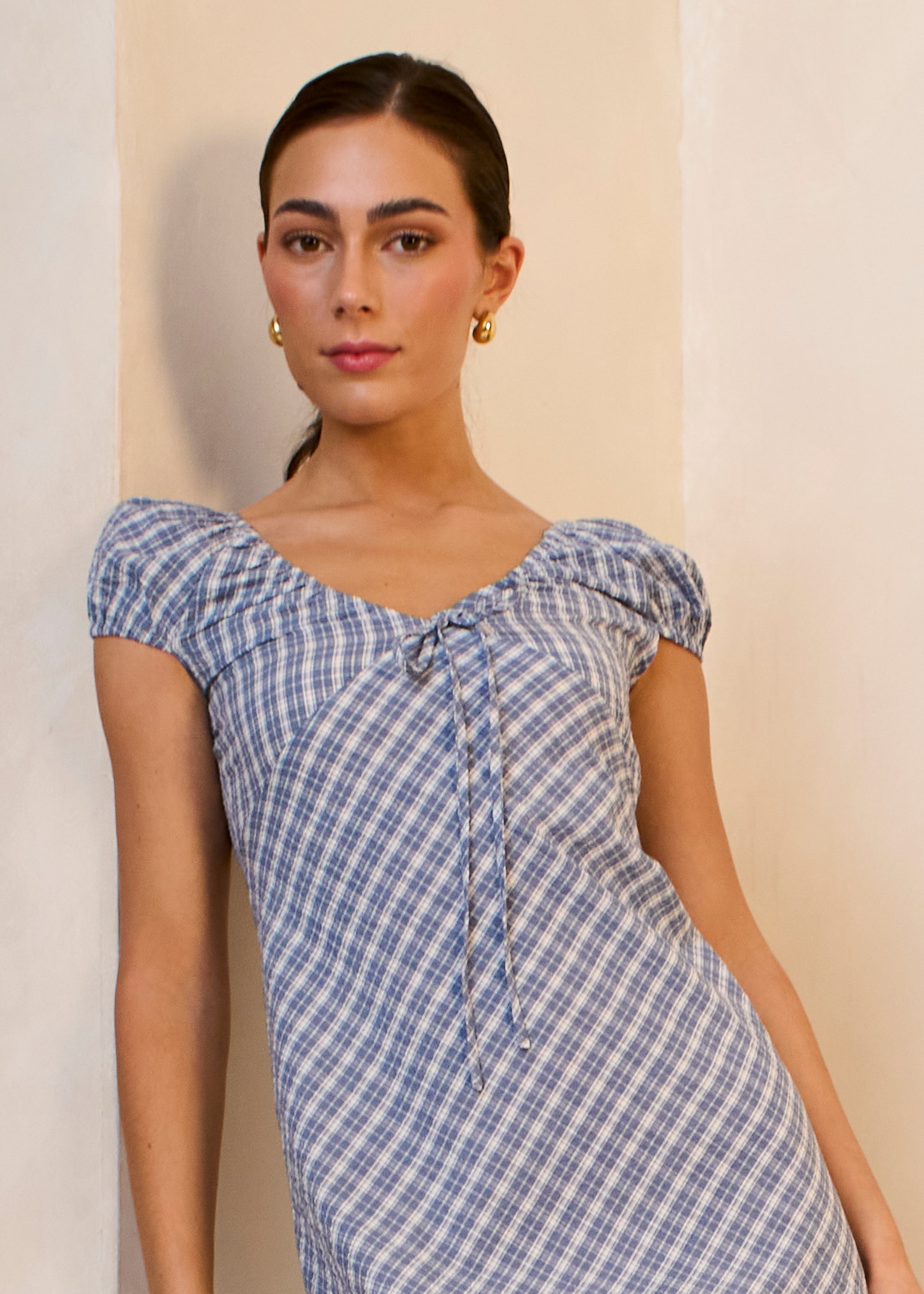Blue V Neck Textured Gingham Midi Dress