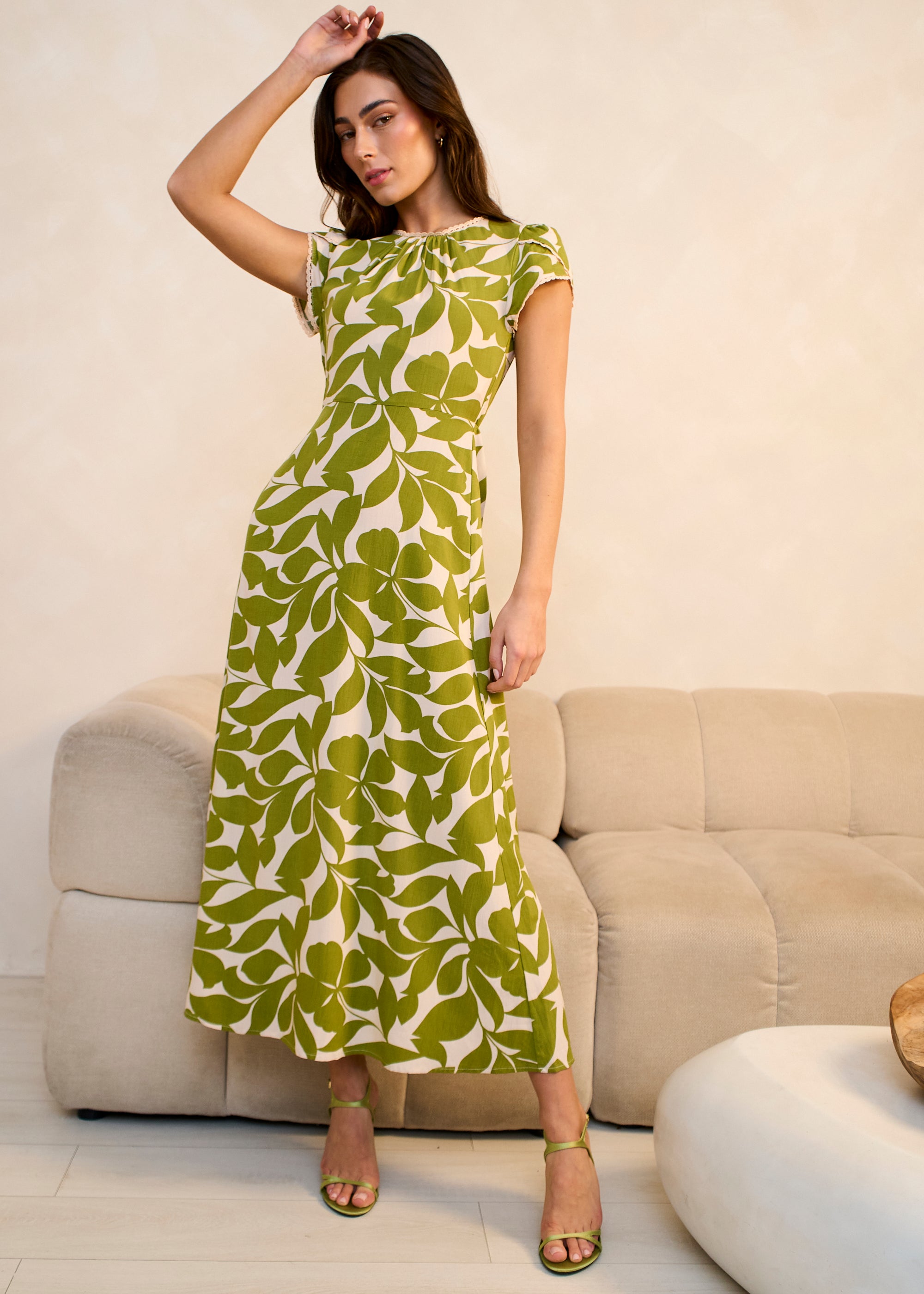 Green Petal Cuff Elasticated Waist Maxi Dress