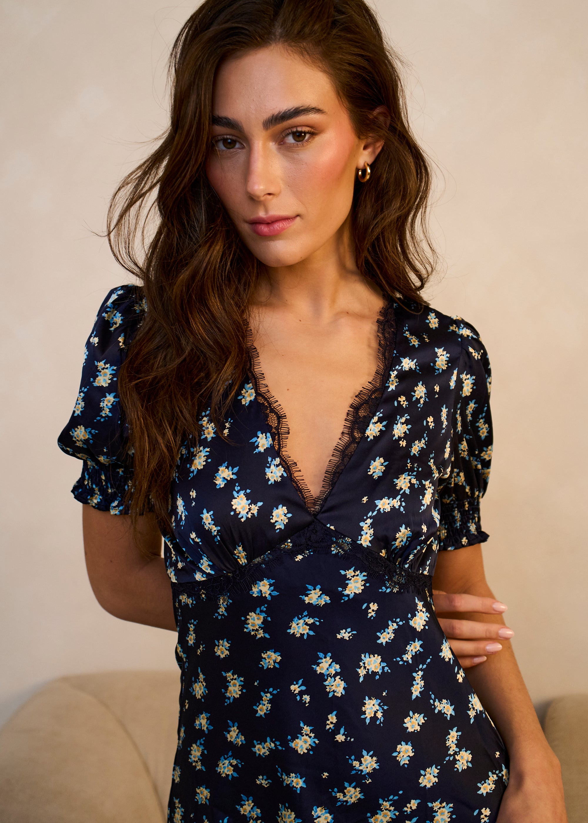 Navy Floral Lace Trim V Neck Midi Dress
