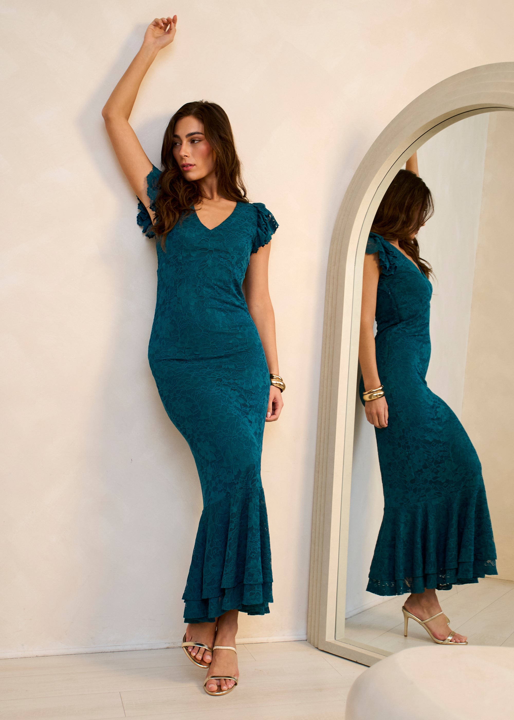 Teal Jersey Lace V Neck Ruffle Maxi Dress