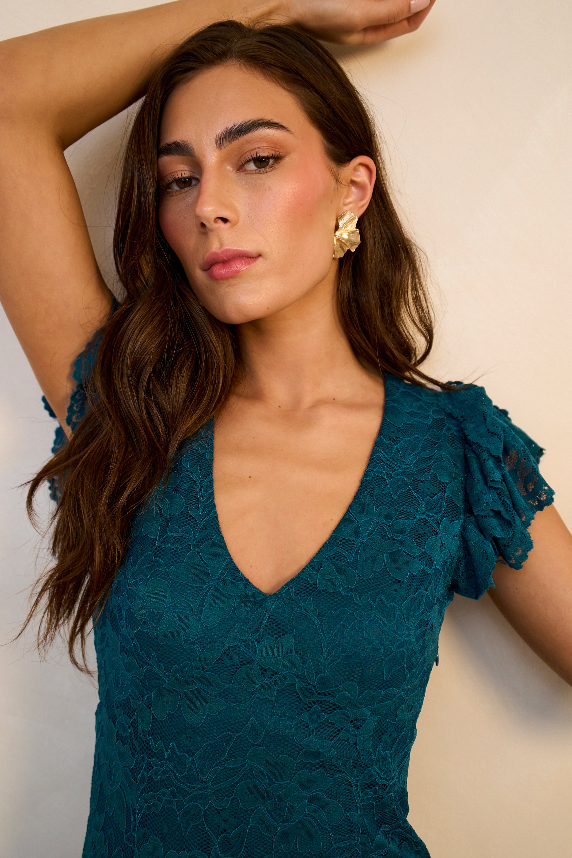 Teal Jersey Lace V Neck Ruffle Maxi Dress