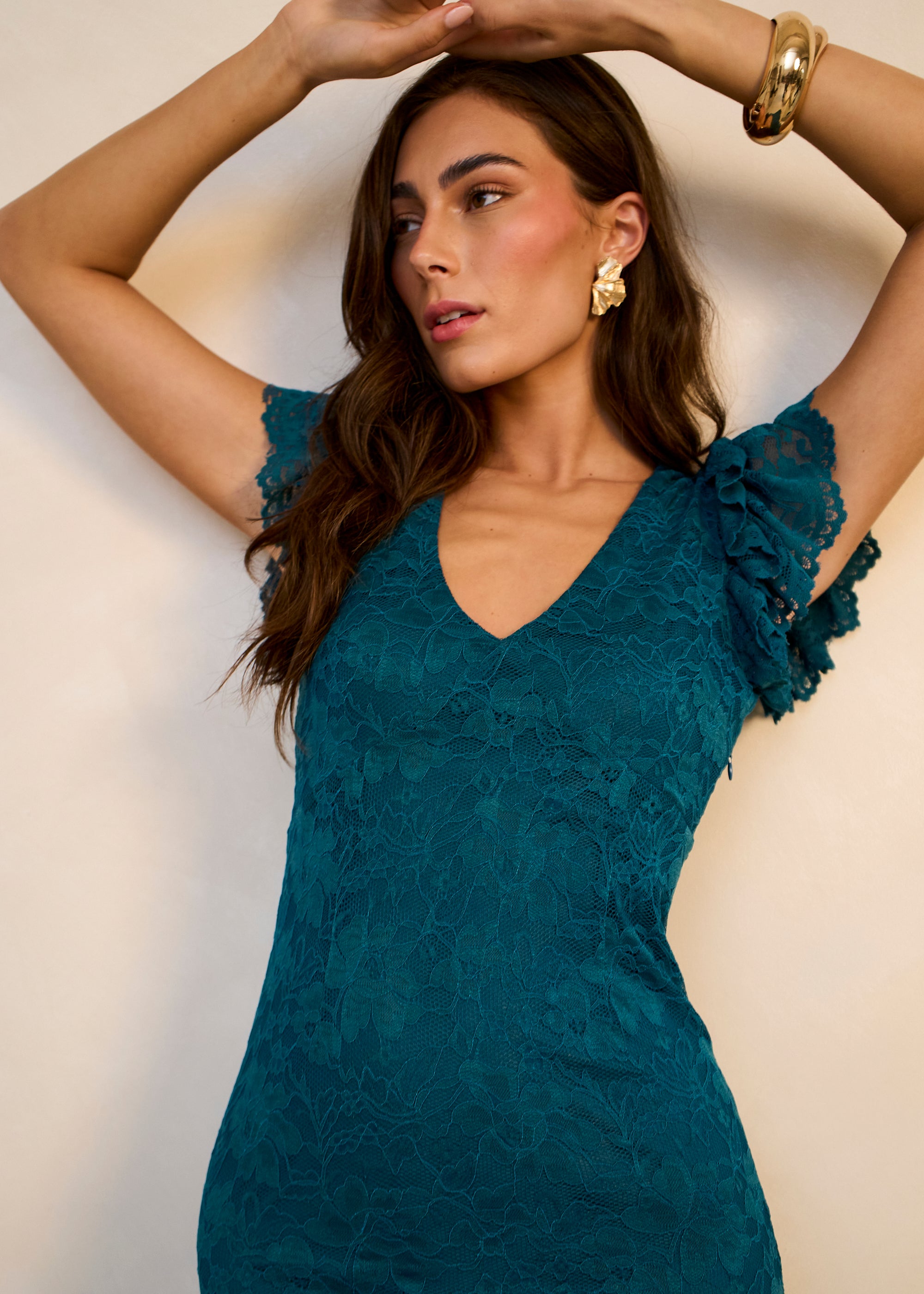 Teal Jersey Lace V Neck Ruffle Maxi Dress