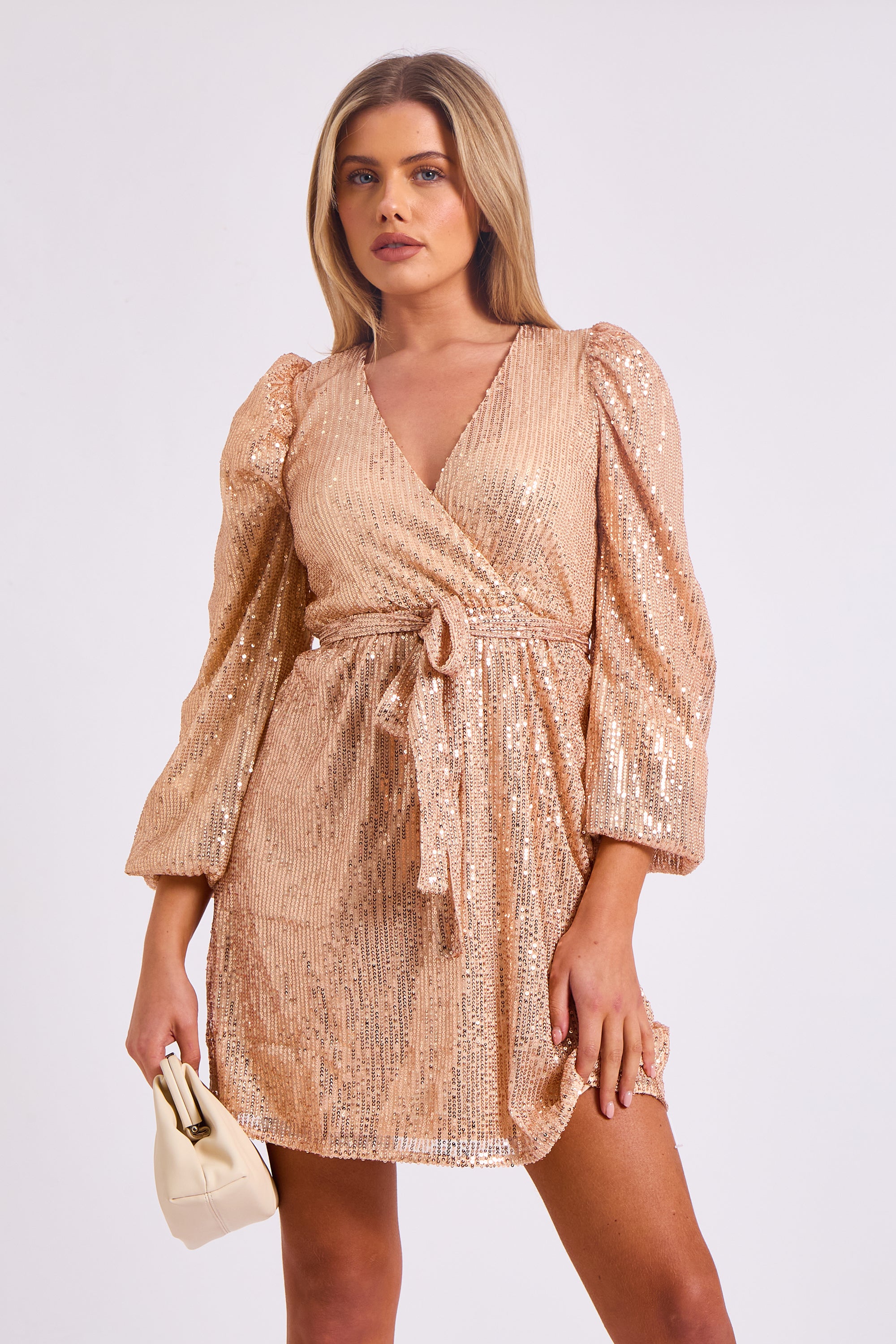 Champagne Sequin V Neck Belted Mini Dress