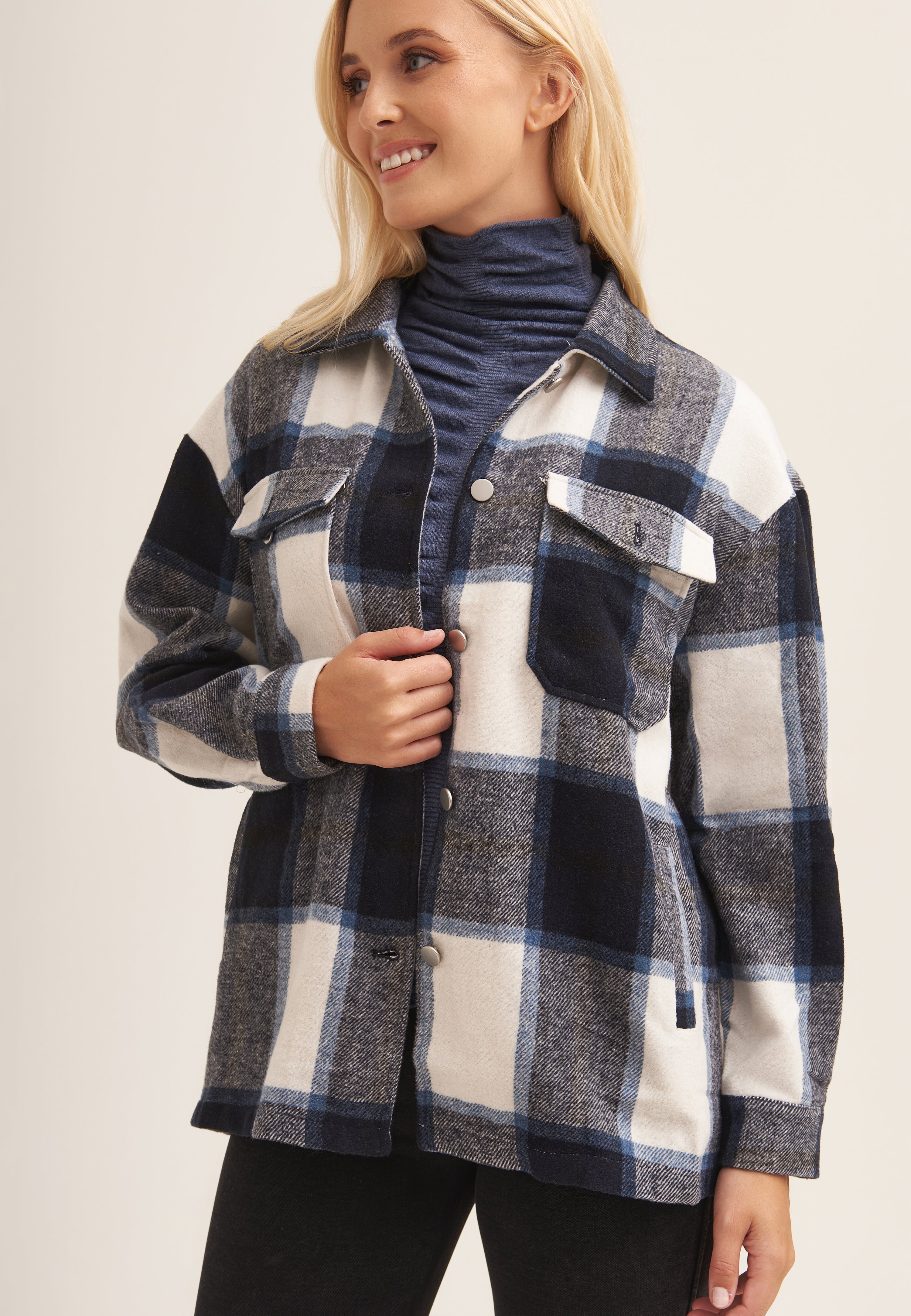 Navy Check Oversized Pocket Detail Shacket