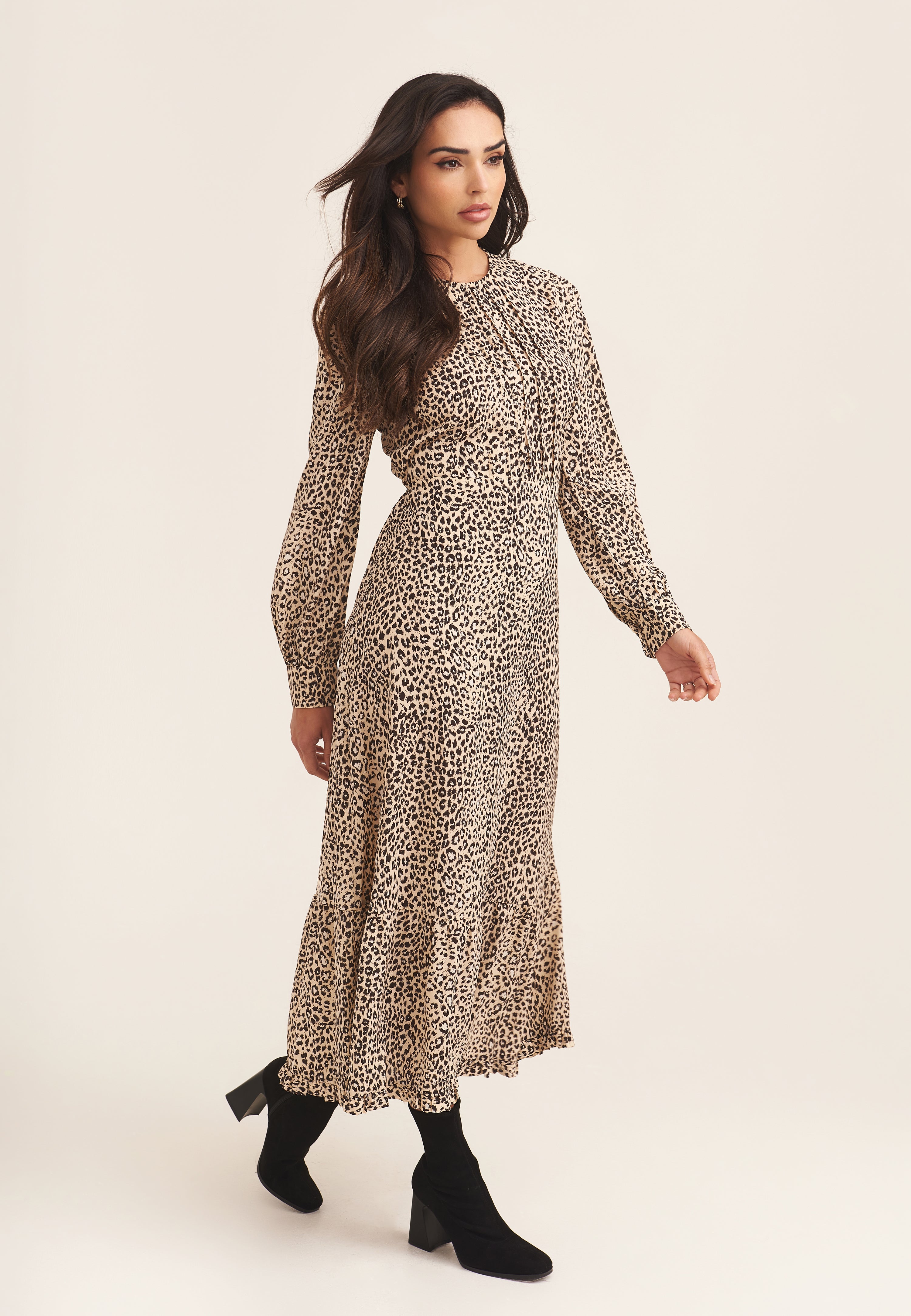 Beige Animal Print Long Sleeve Midaxi Dress