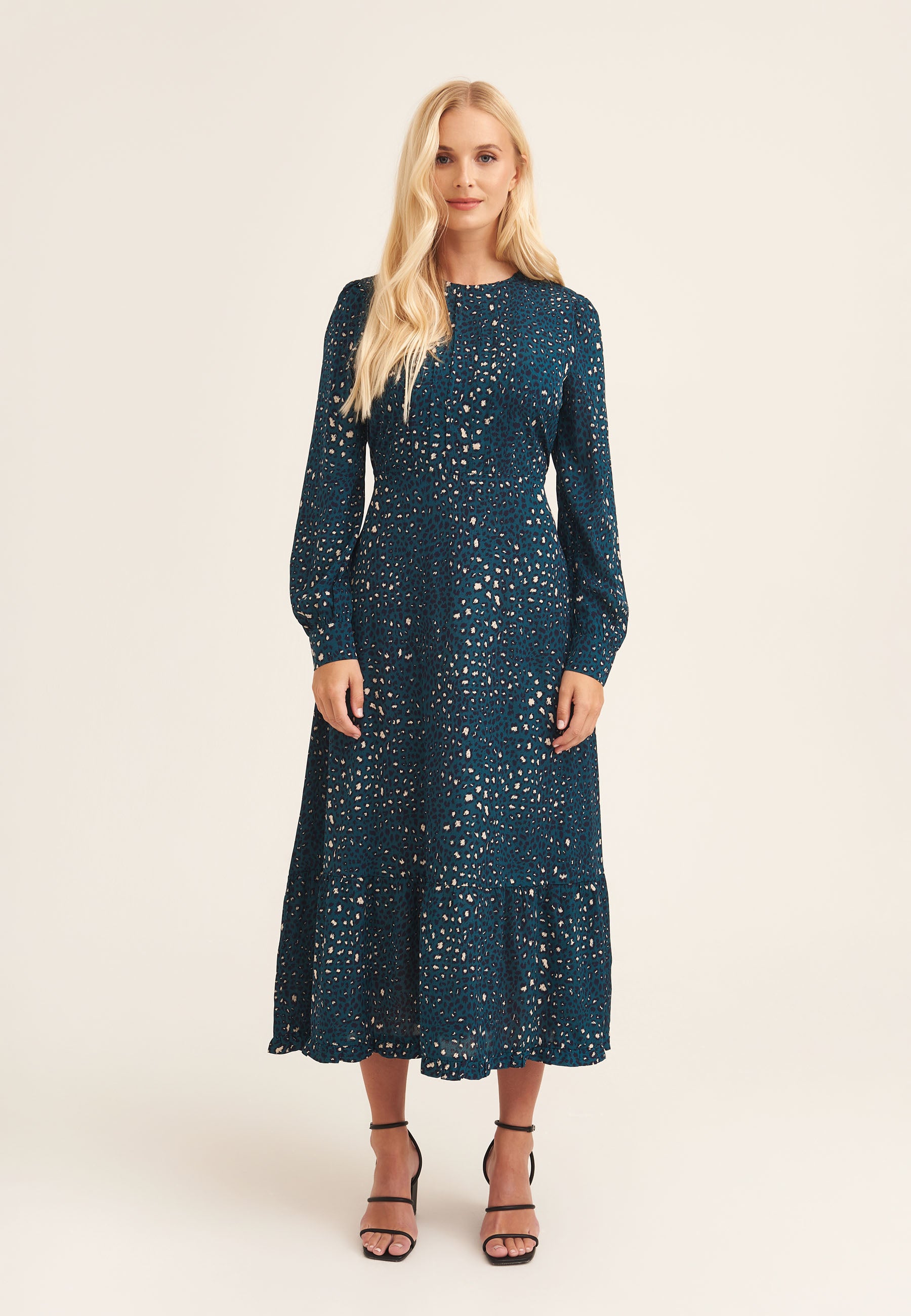 Green Animal Print Long Sleeve Midaxi Dress