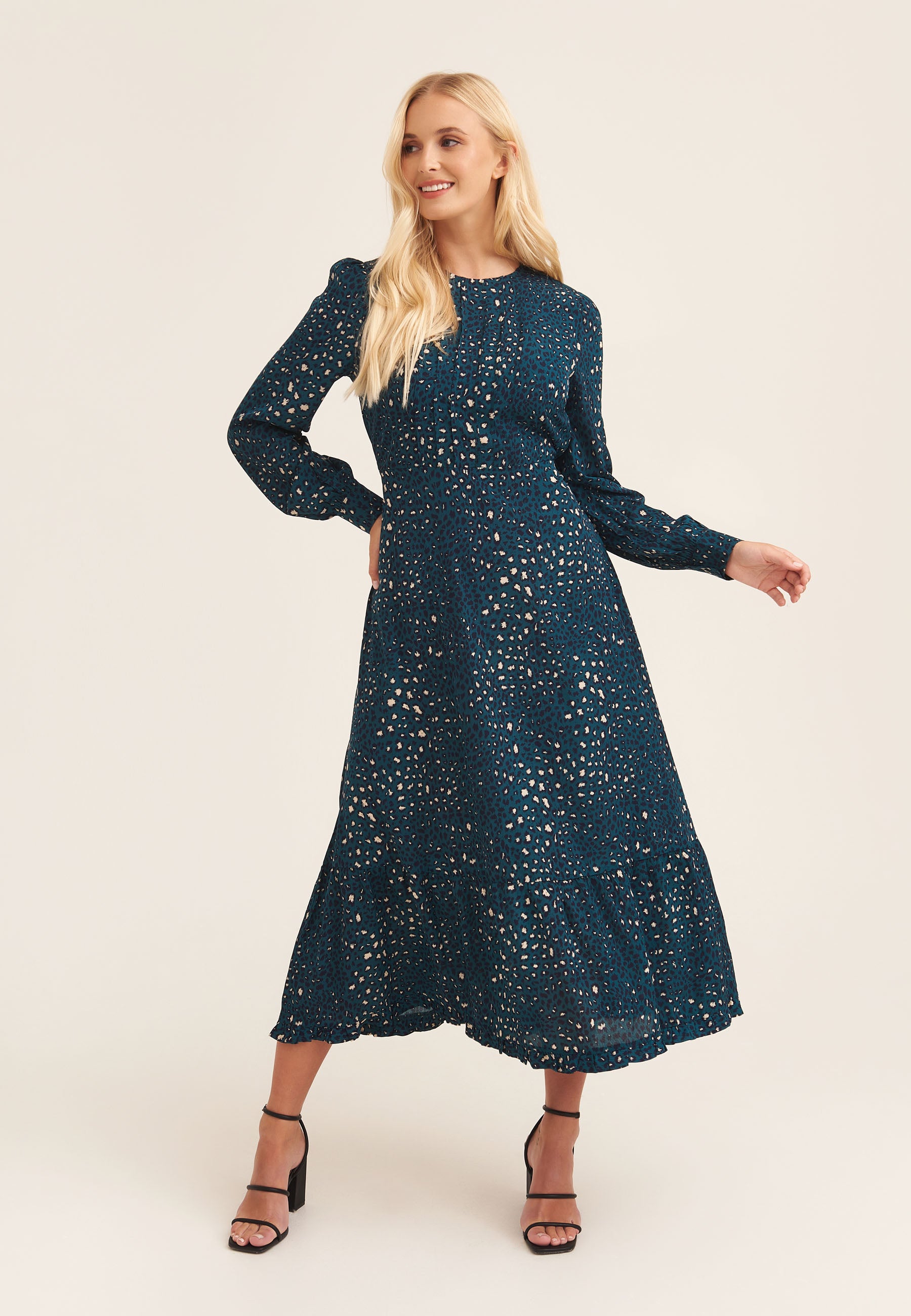 Green Animal Print Long Sleeve Midaxi Dress