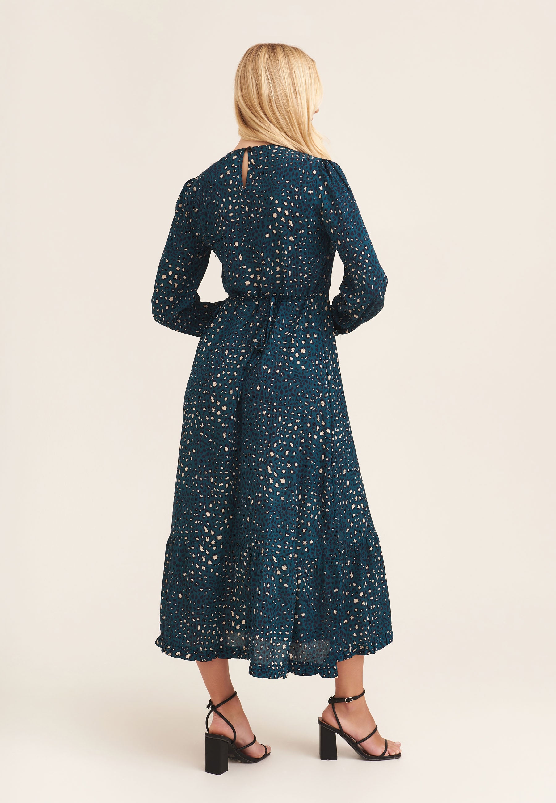 Green Animal Print Long Sleeve Midaxi Dress