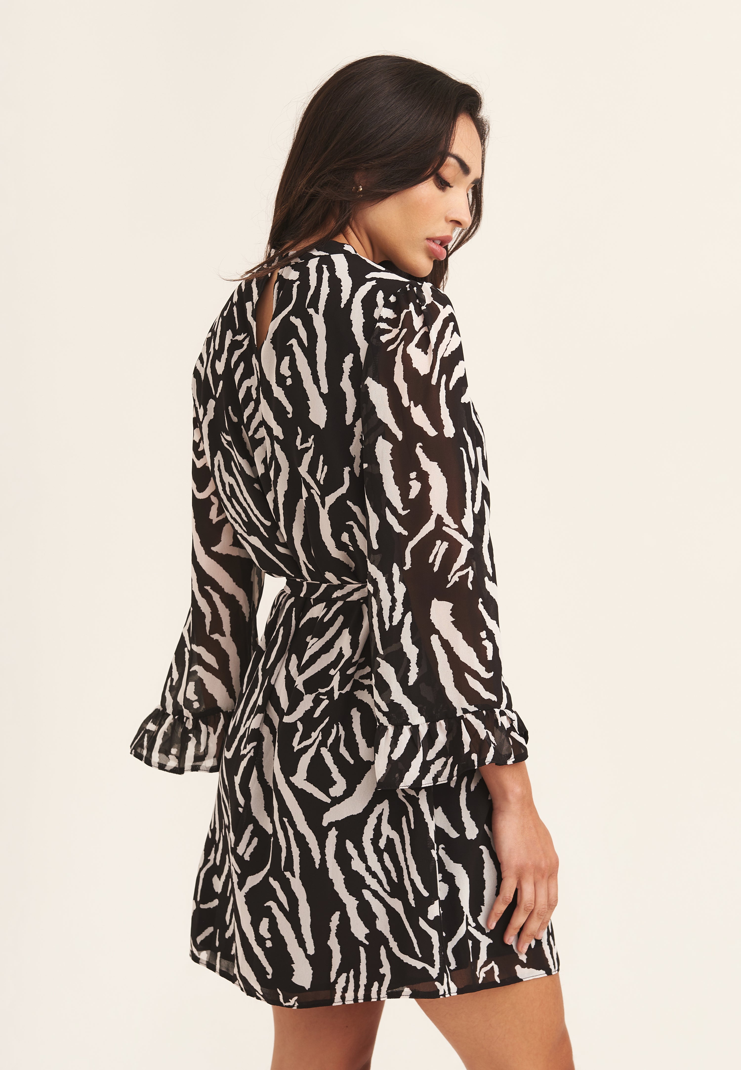 Black Zebra Frill Flared Sleeve Shift Dress