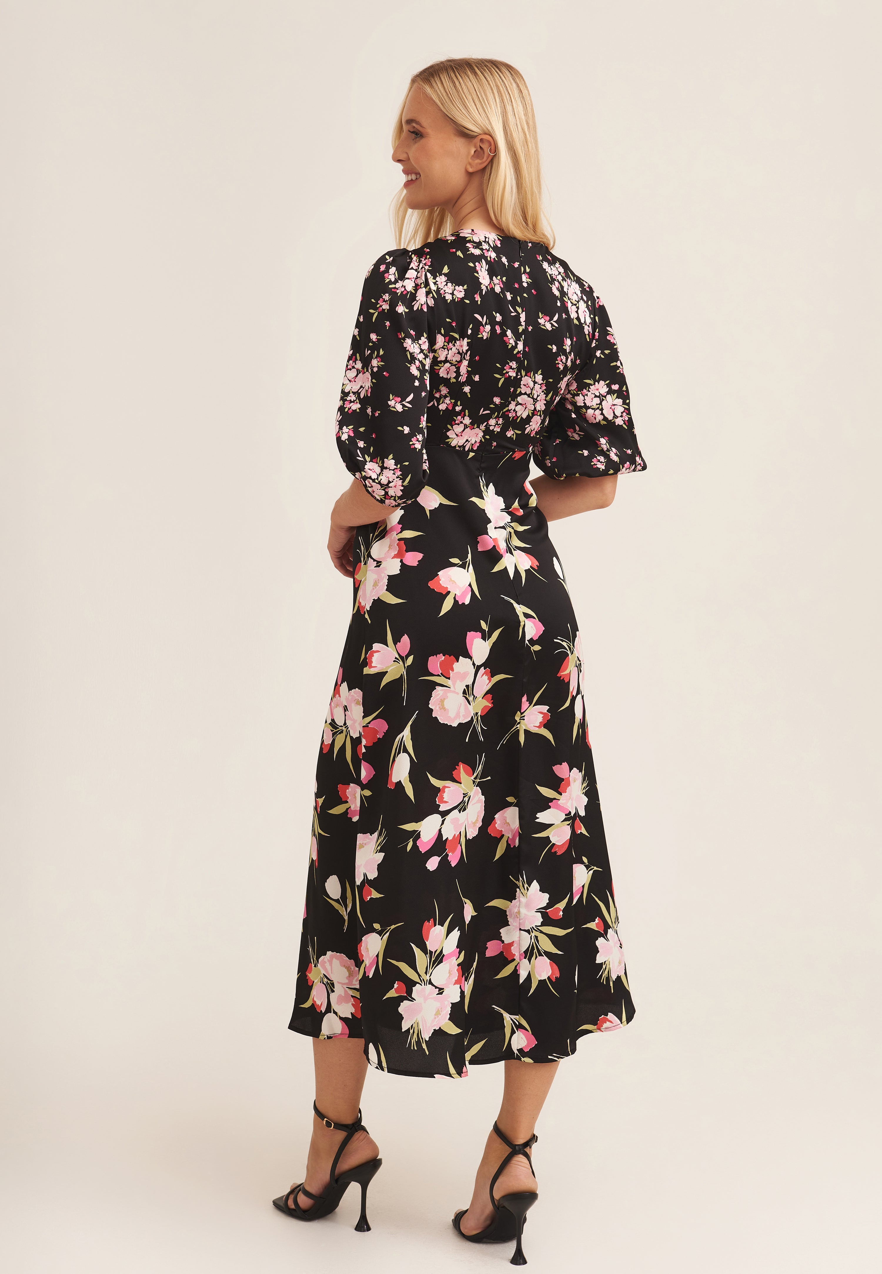 Black Floral Print Mix And Match Midi Dress