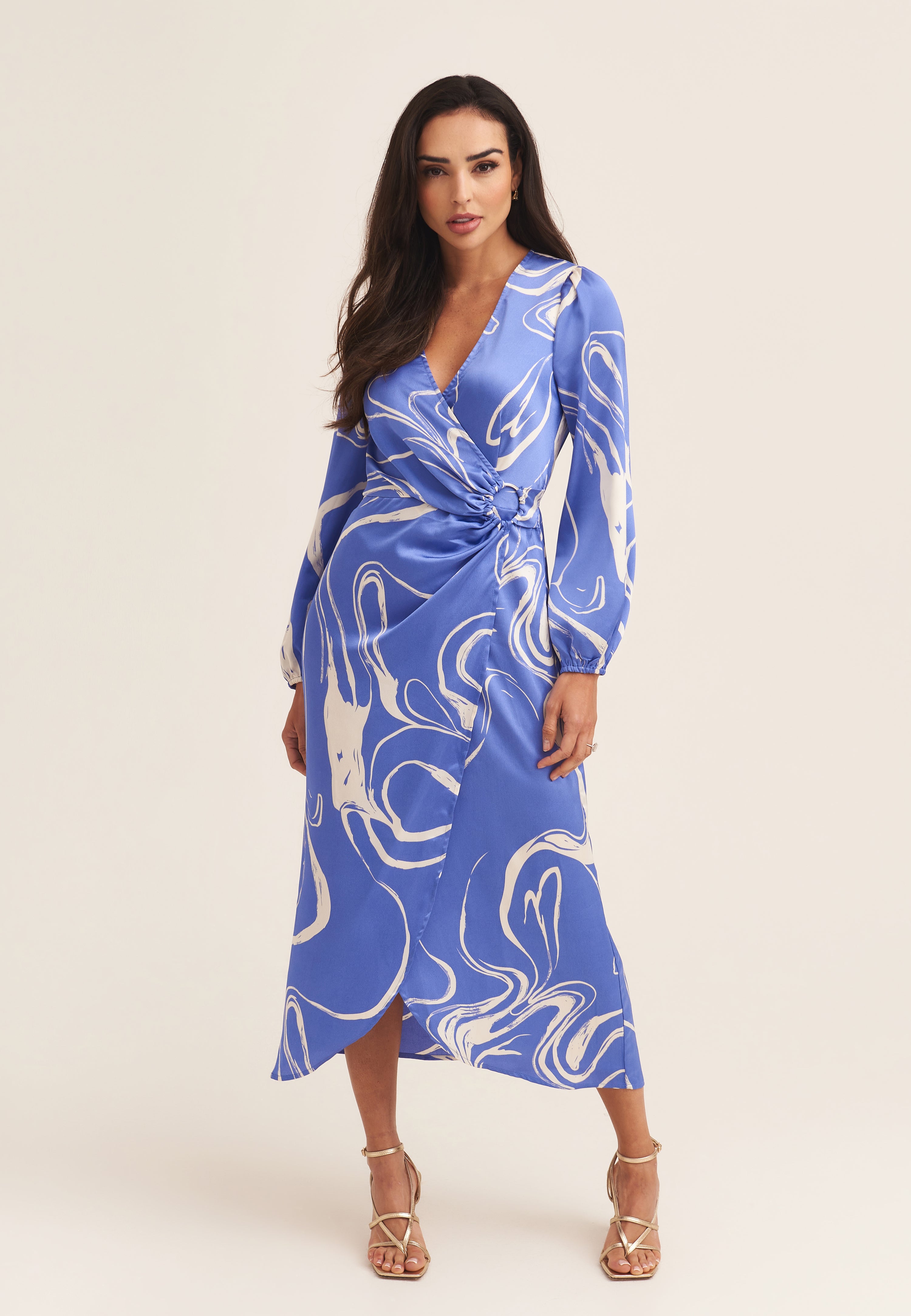 Blue Swirl Print Ring Detail Wrap Midi Dress