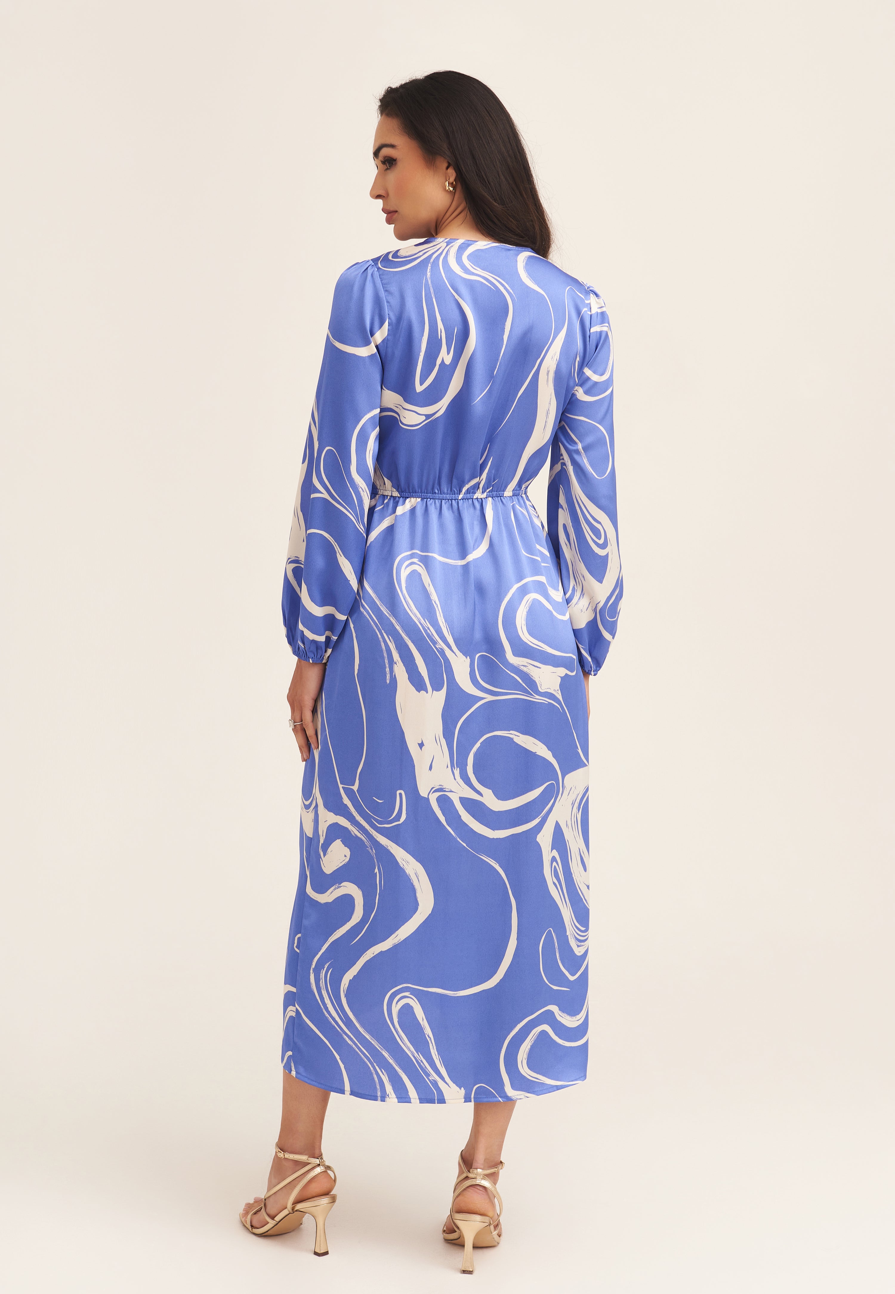 Blue Swirl Print Ring Detail Wrap Midi Dress