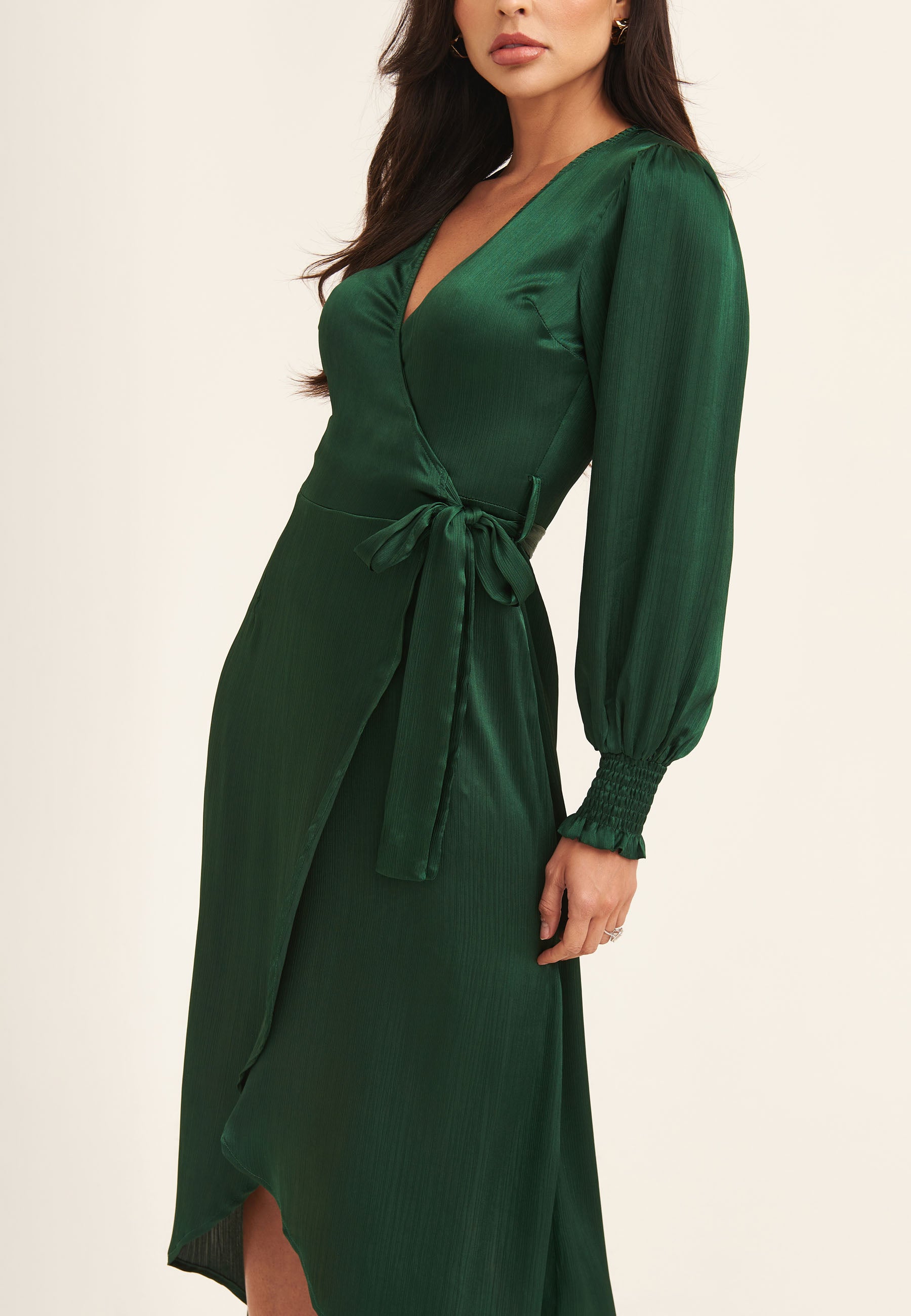 Green Satin Wrap Midi Dress